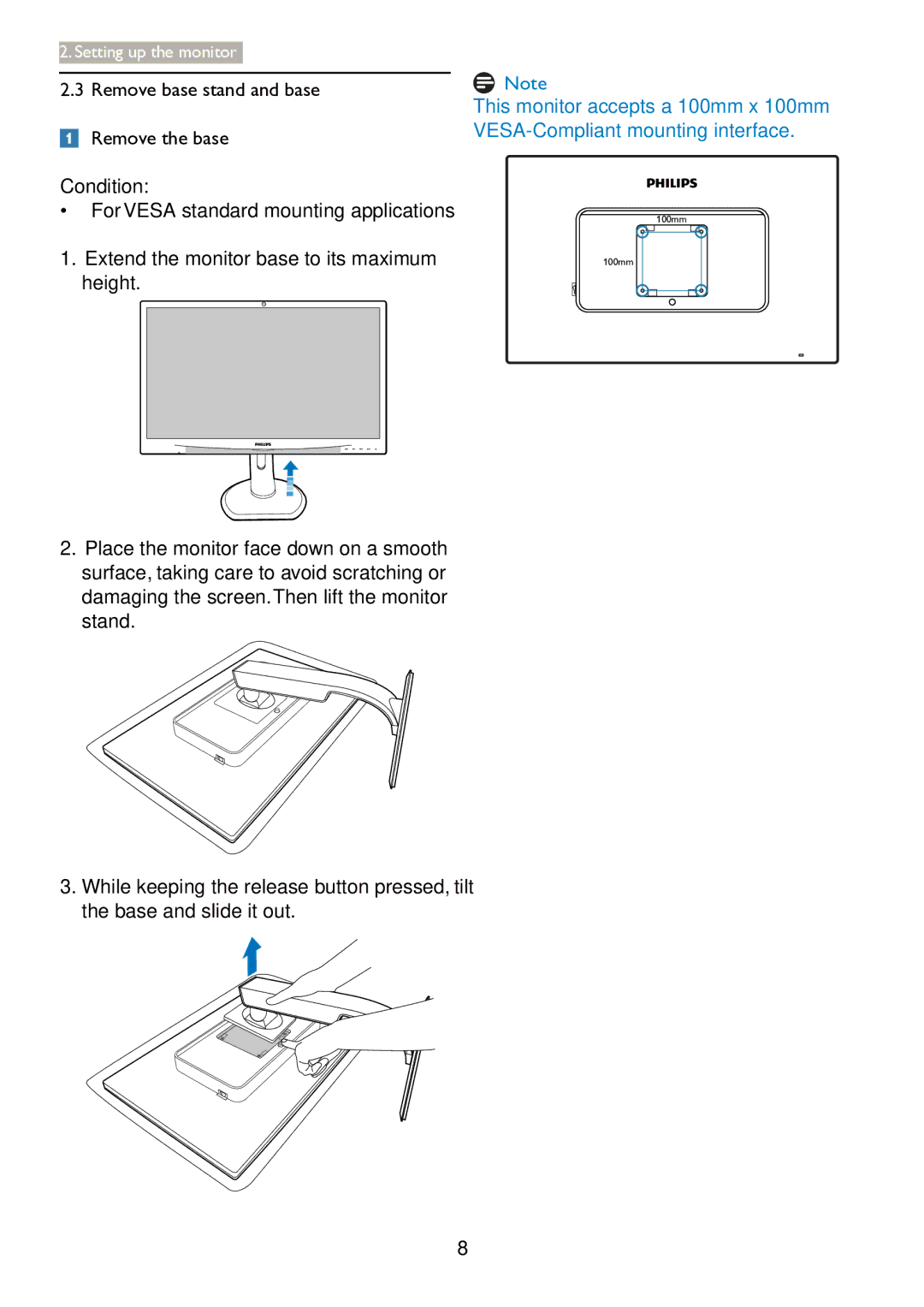 Philips 241P4LRY user manual Remove base stand and base Remove the base 