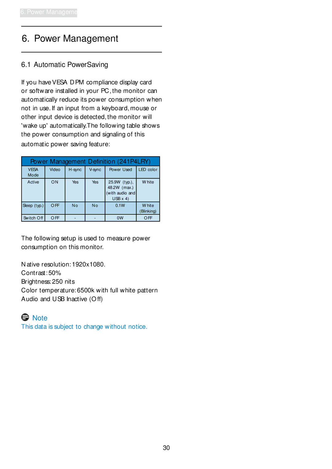 Philips 241P4LRY user manual Power Management, Automatic PowerSaving, Automatic power saving feature 