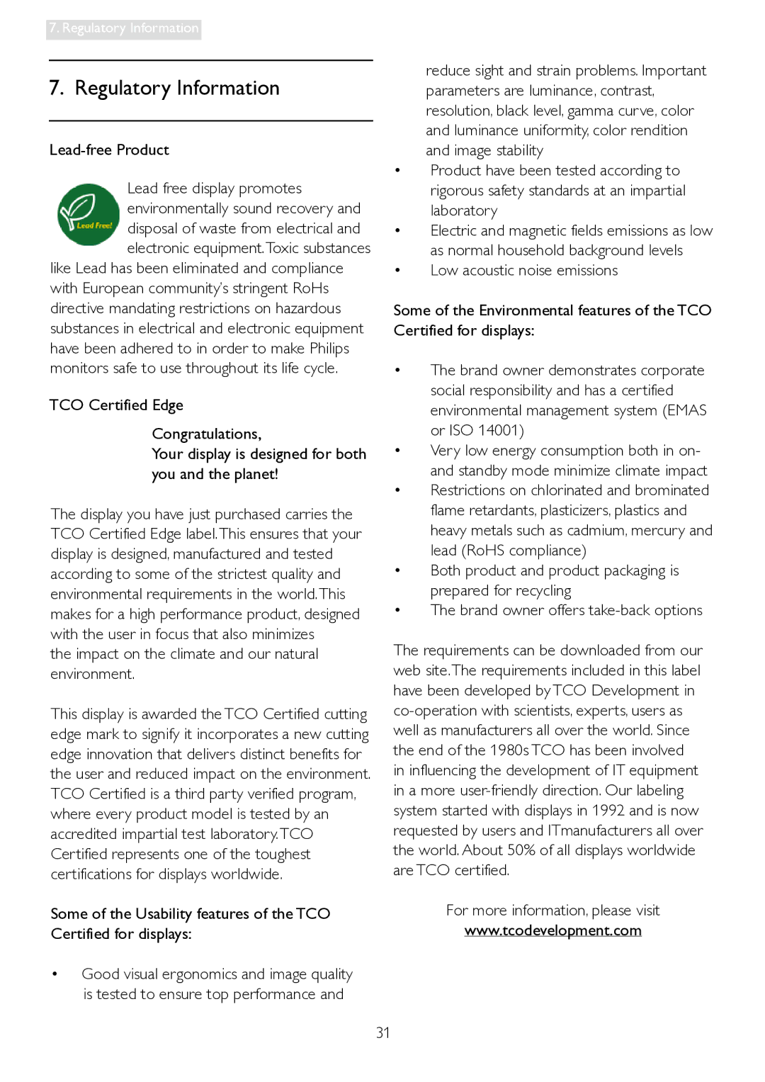 Philips 241P4LRY user manual Regulatory Information, Lead-free Product, Impact on the climate and our natural environment 