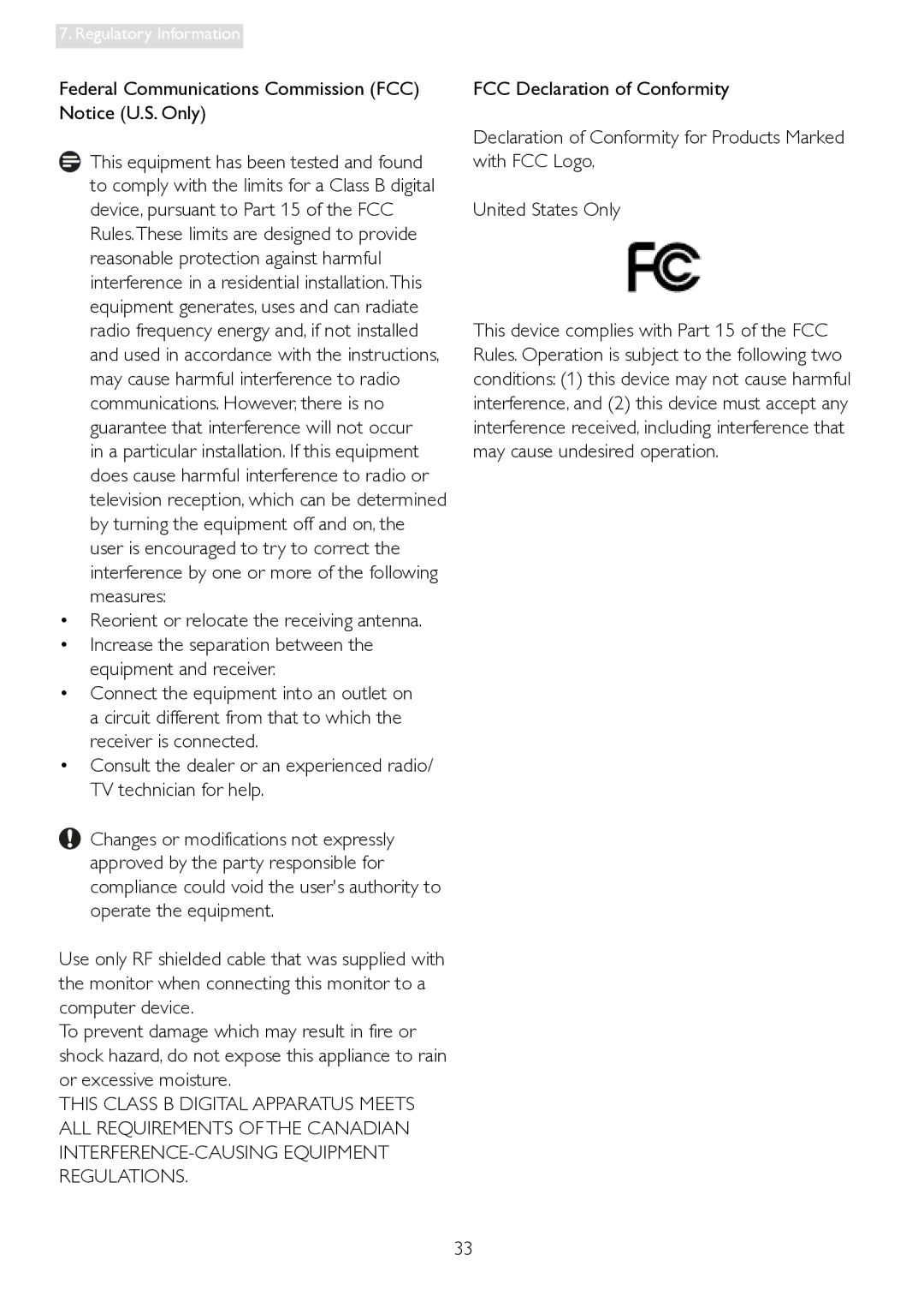 Philips 241P4LRY Federal Communications Commission FCC Notice U.S. Only, Reorient or relocate the receiving antenna 