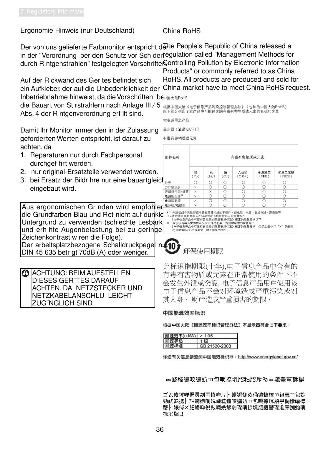 Philips 241P4LRY user manual Ergonomie Hinweis nur Deutschland, Achtung Beim Aufstellen 