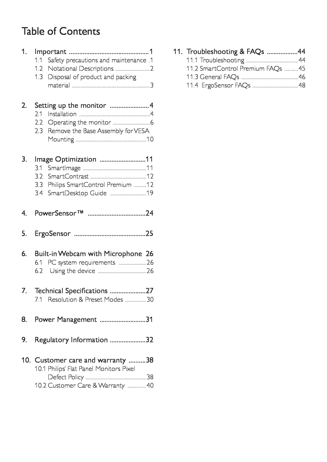 Philips 241P4QPYK, 241P4QRY user manual Table of Contents 