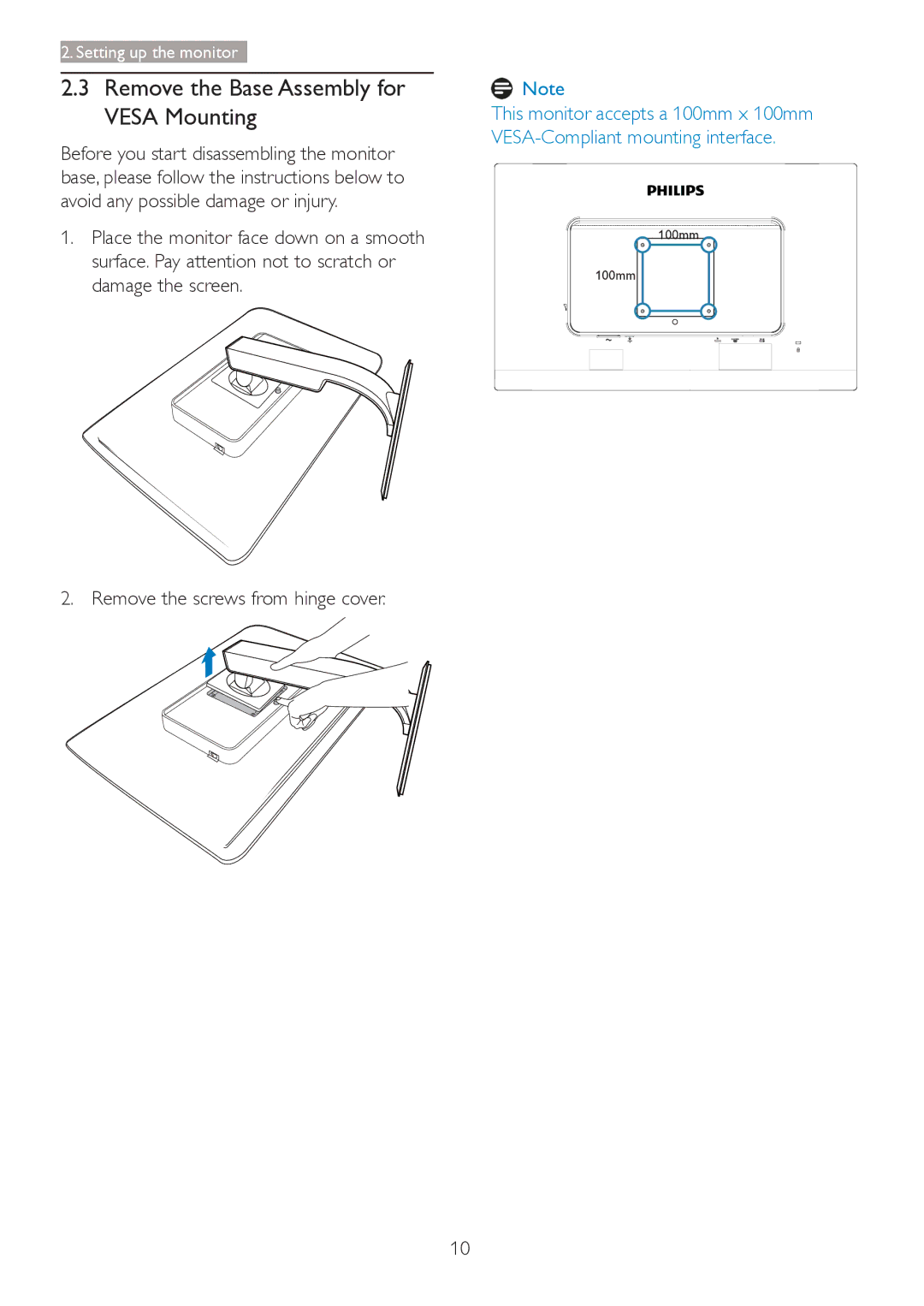 Philips 241P4QRY, 241P4QPYK user manual Remove the Base Assembly for Vesa Mounting 