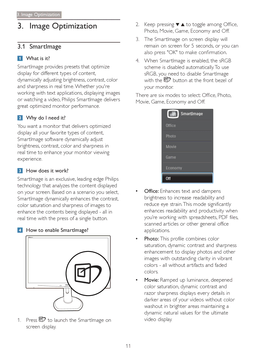 Philips 241P4QRY, 241P4QPYK user manual Image Optimization, SmartImage 