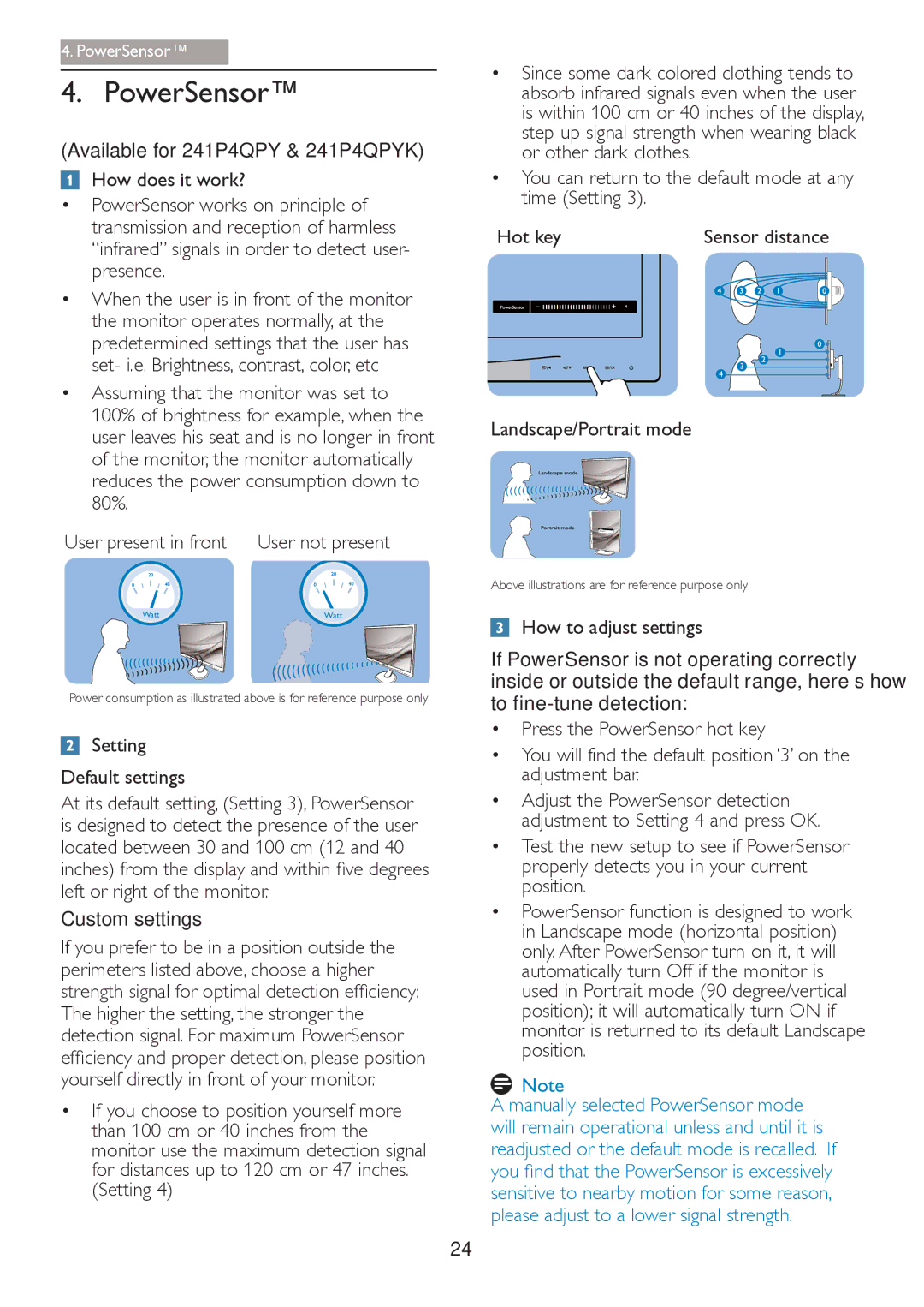 Philips 241P4QPYK, 241P4QRY user manual PowerSensor, Setting Default settings, Left or right of the monitor Custom settings 