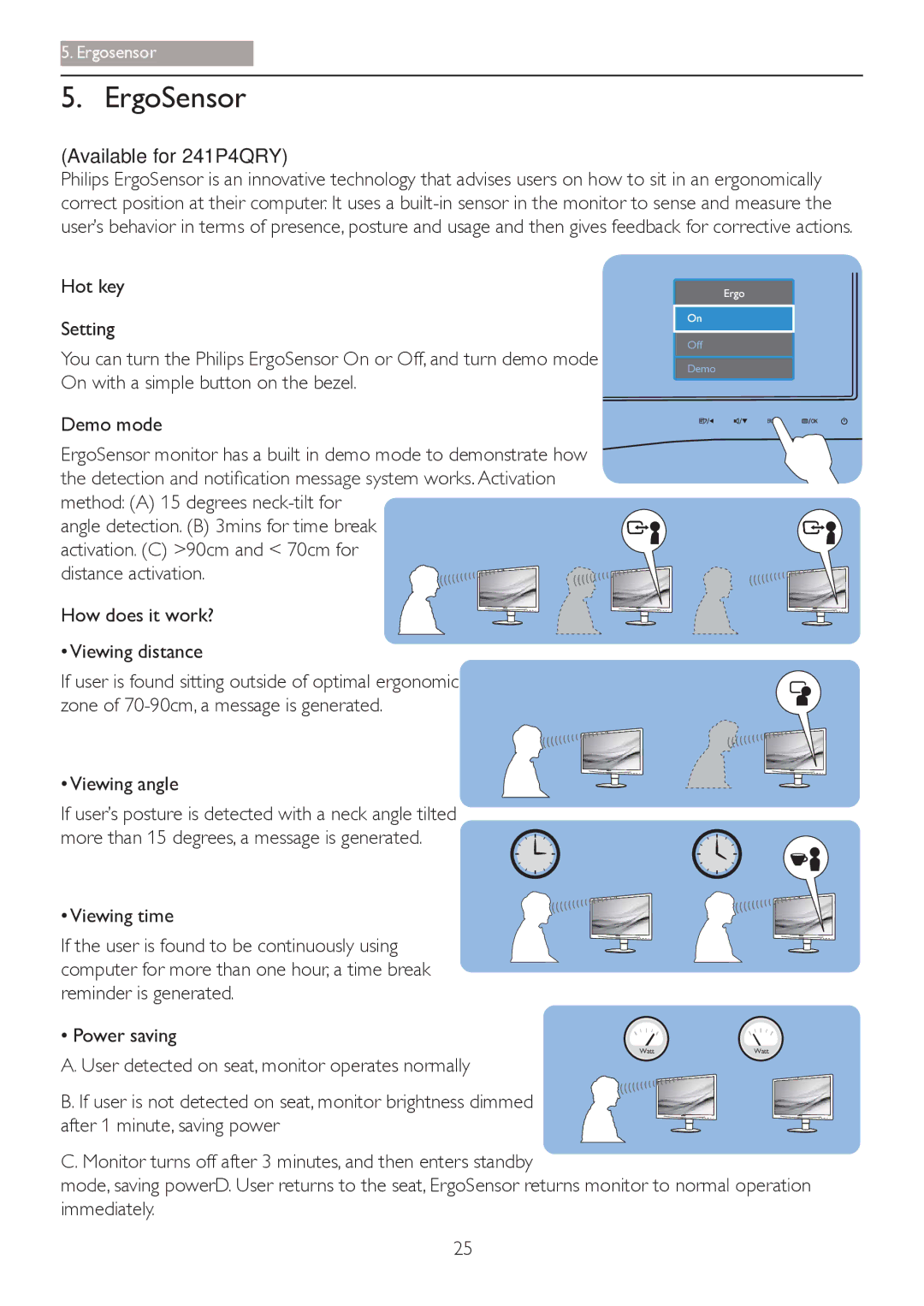 Philips 241P4QRY, 241P4QPYK user manual ErgoSensor, ‡9LHZLQJGLVWDQFH, ‡9LHZLQJDQJOH, ‡9LHZLQJWLPH, ‡3RZHUVDYLQJ 