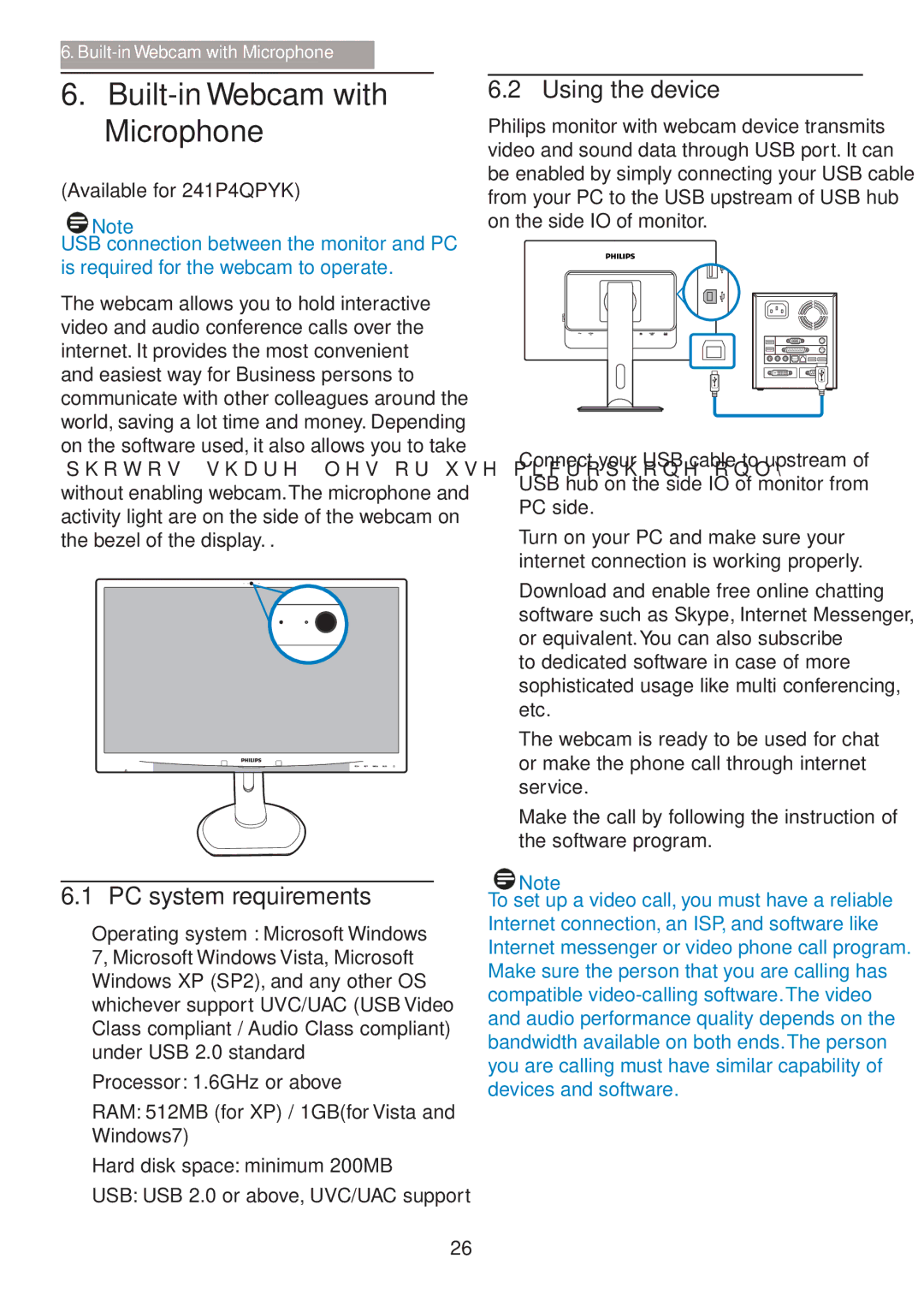 Philips 241P4QRY Built-in Webcam with Microphone, PC system requirements, Using the device, Available for 241P4QPYK 