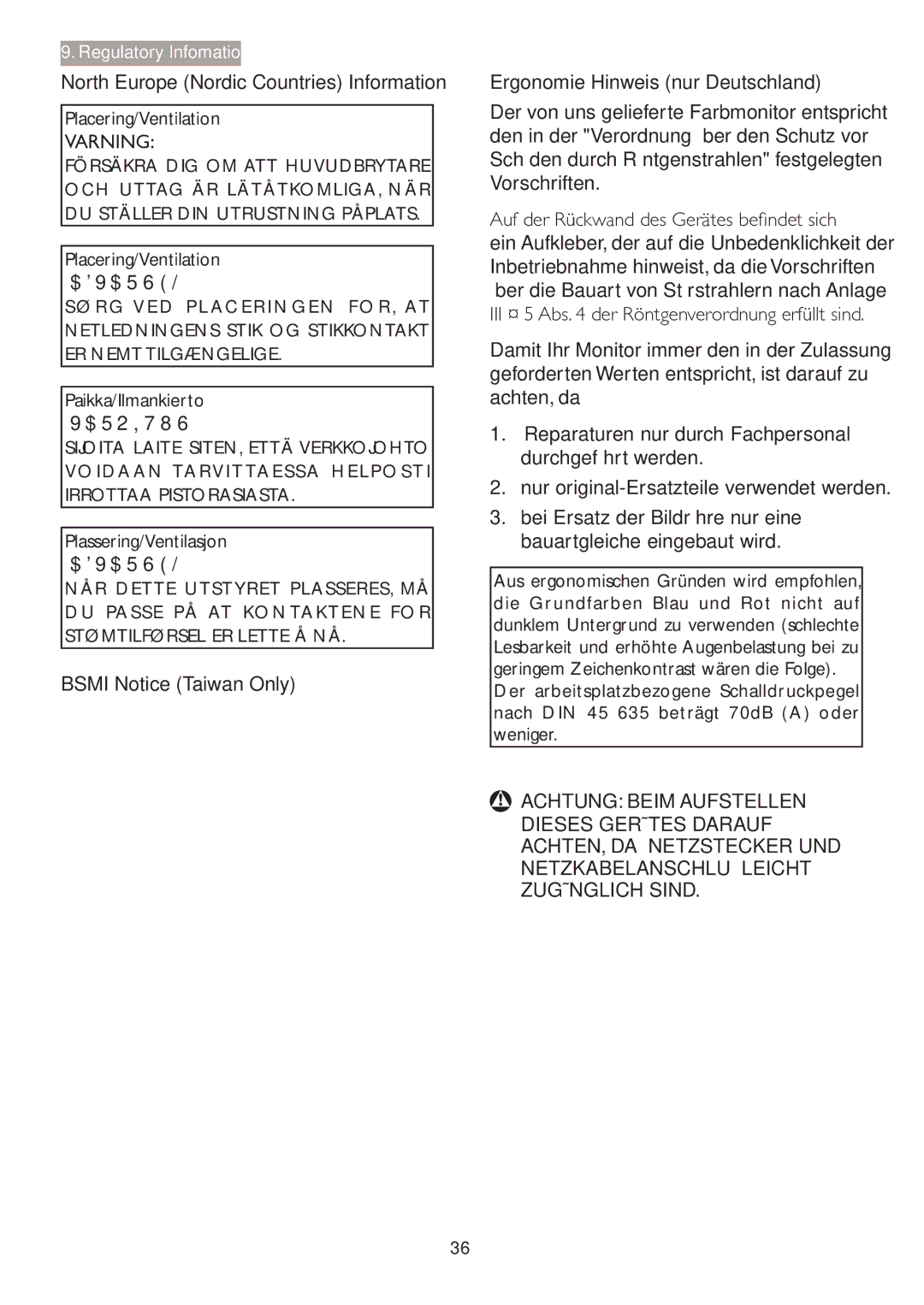 Philips 241P4QPYK, 241P4QRY Varning, Bsmi Notice Taiwan Only Ergonomie Hinweis nur Deutschland, Achtung Beim Aufstellen 