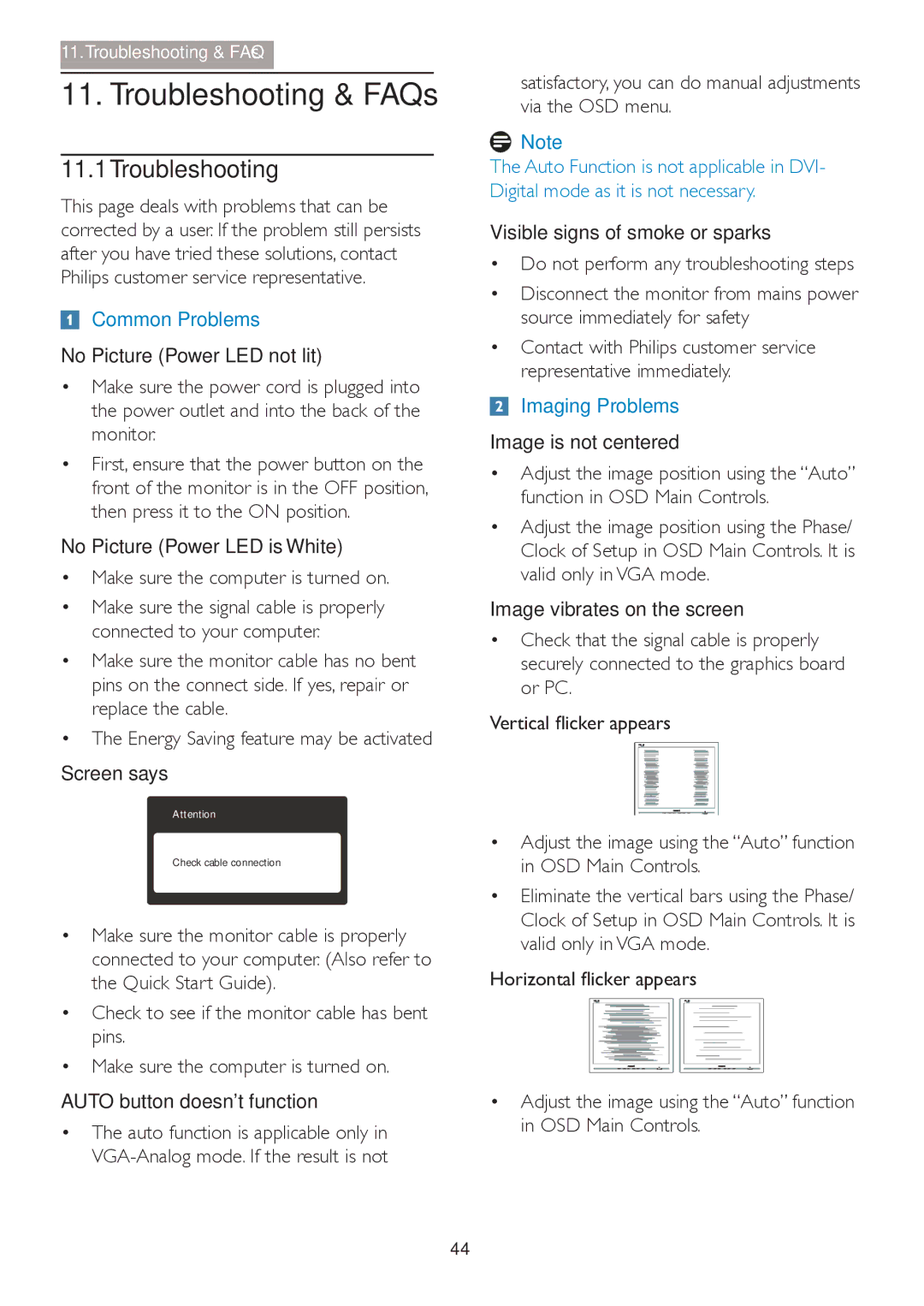 Philips 241P4QRY, 241P4QPYK user manual 11.1Troubleshooting, 9HUWLFDOÁLFNHUDSSHDUV, +RulrqwdoÁlfnhuDsshduv 