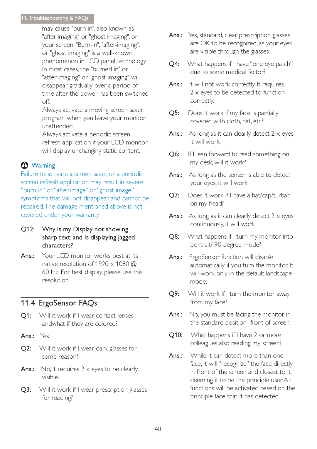 Philips 241P4QPYK, 241P4QRY user manual ErgoSensor FAQs 