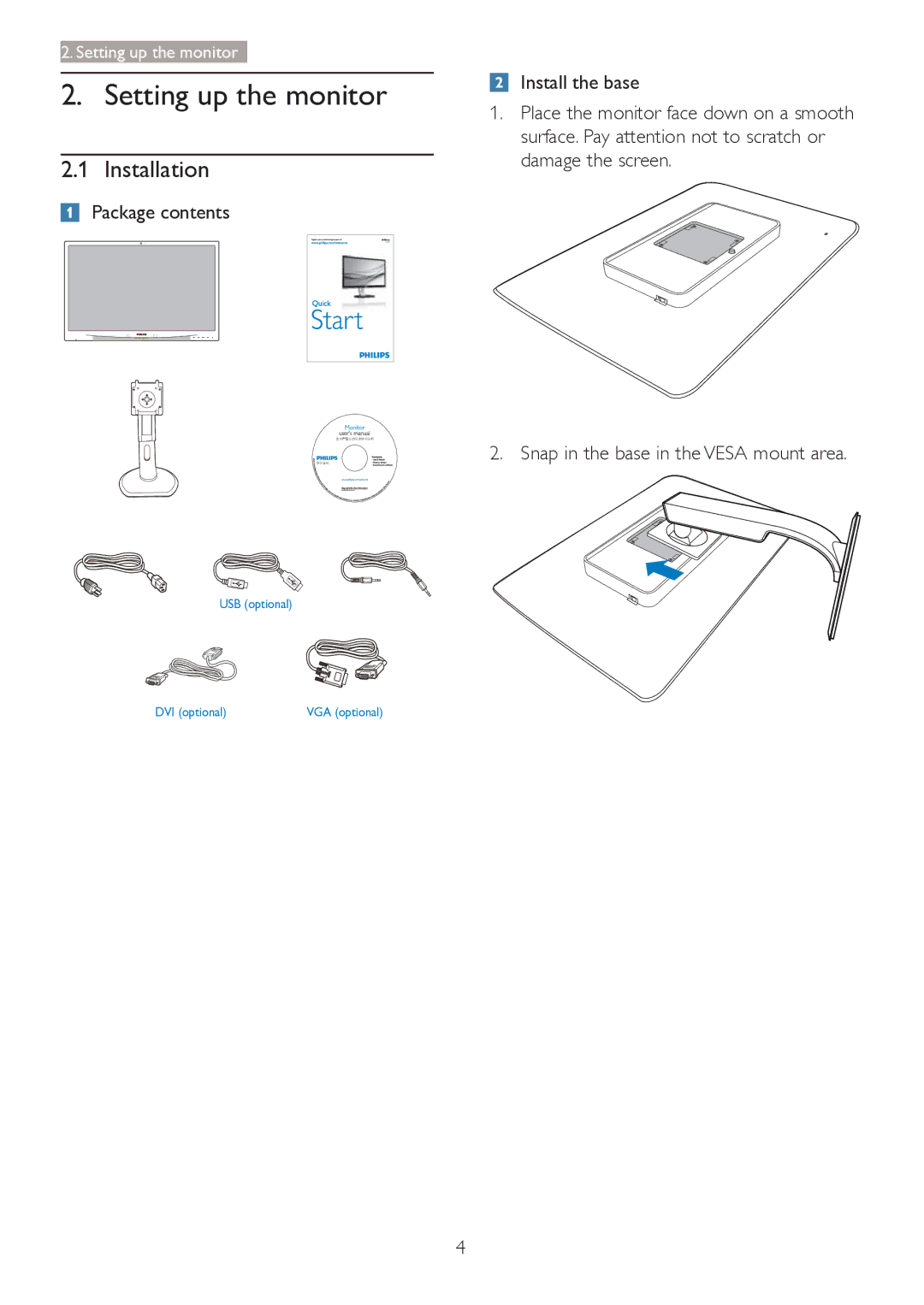 Philips 241P4QRY, 241P4QPYK user manual Setting up the monitor, Installation, Snap in the base in the Vesa mount area 