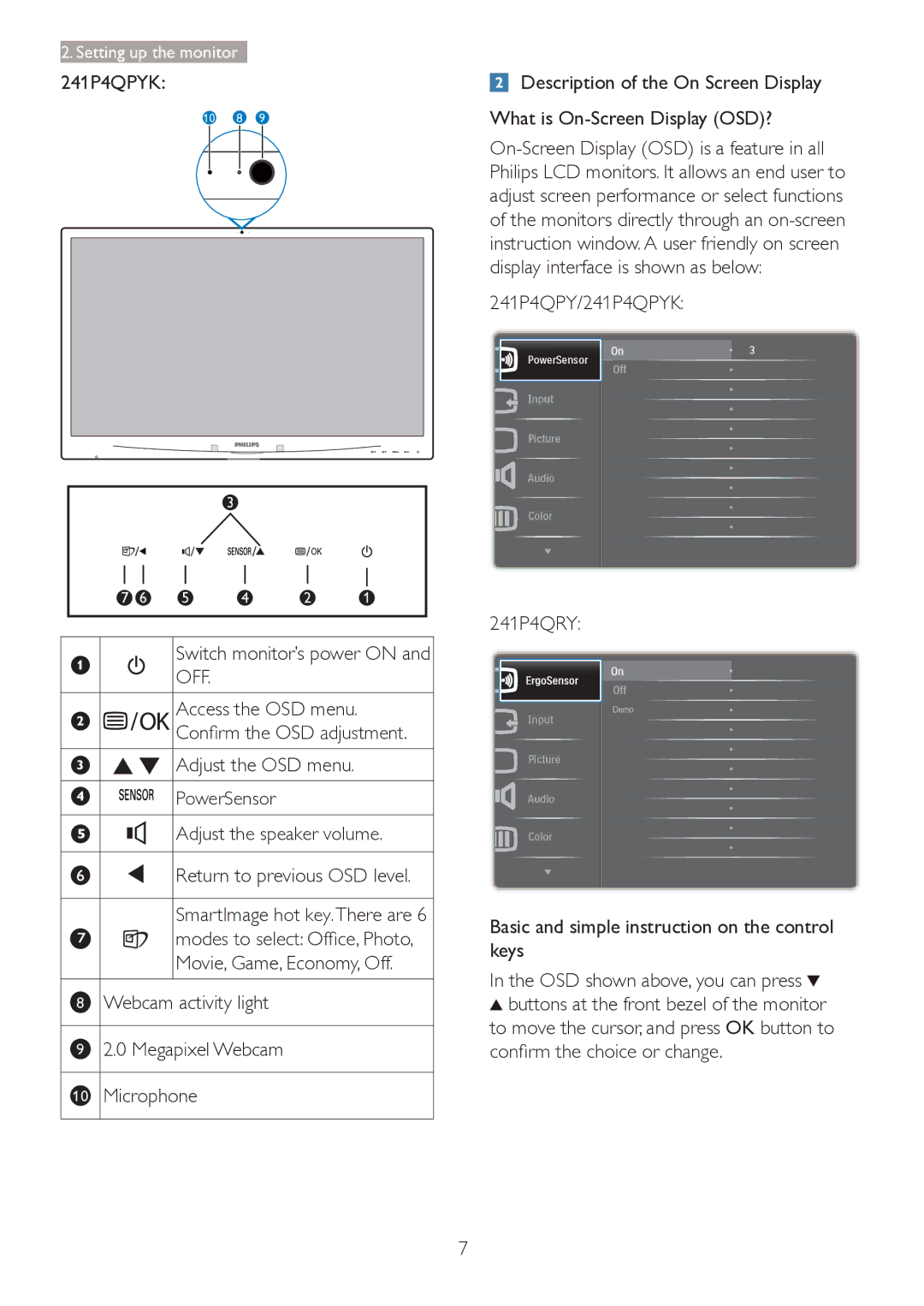 Philips 241P4QRY 241P4QPY/241P4QPYK, Basic and simple instruction on the control keys, FrqàupWkhFkrlfhRuFkdqjh 