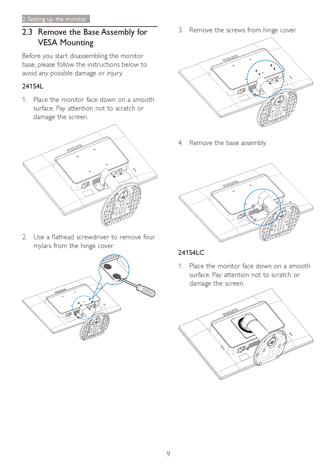 Philips 241S4 user manual Remove the Base Assembly for Vesa Mounting 