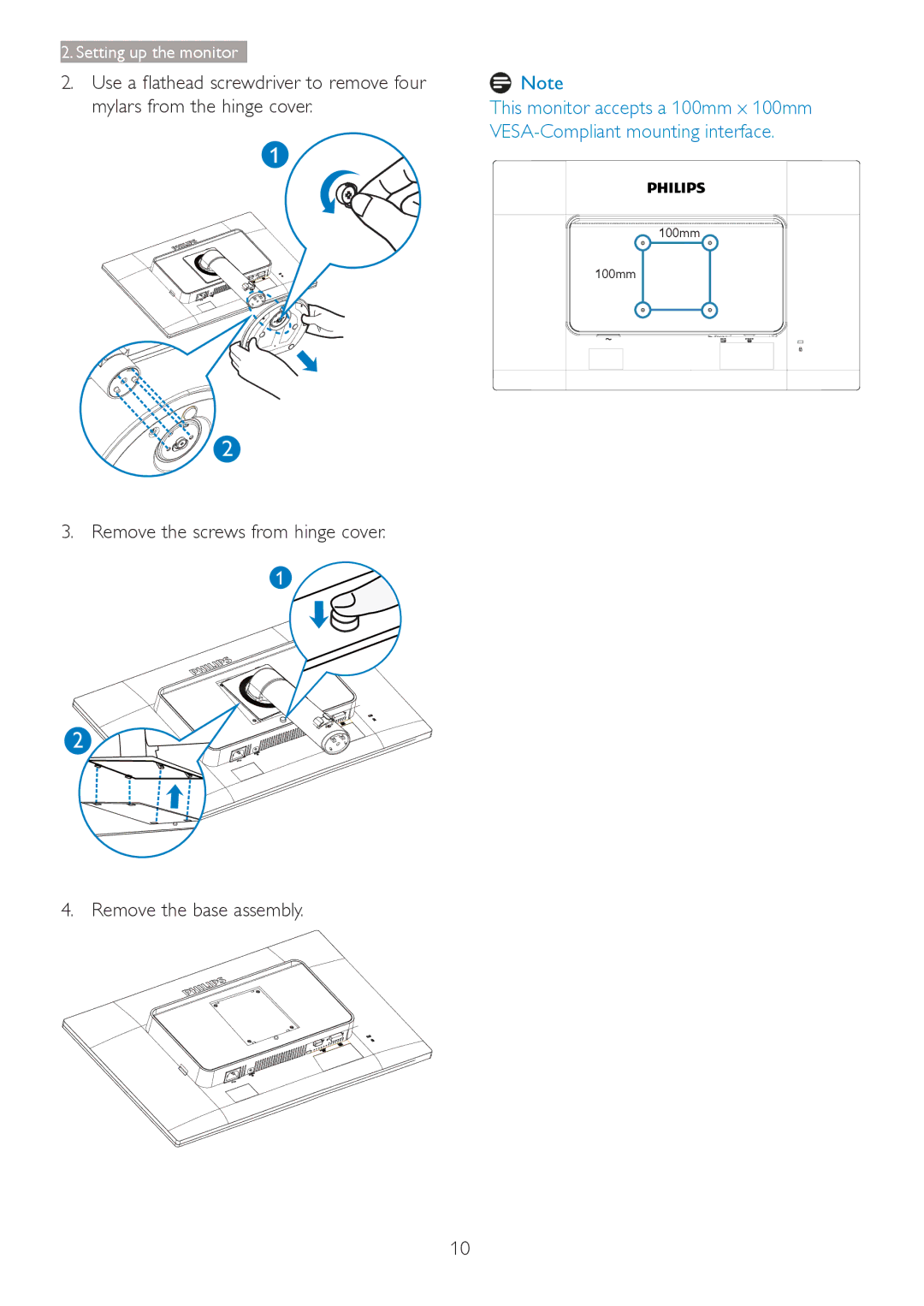 Philips 241S4 user manual Remove the screws from hinge cover Remove the base assembly 