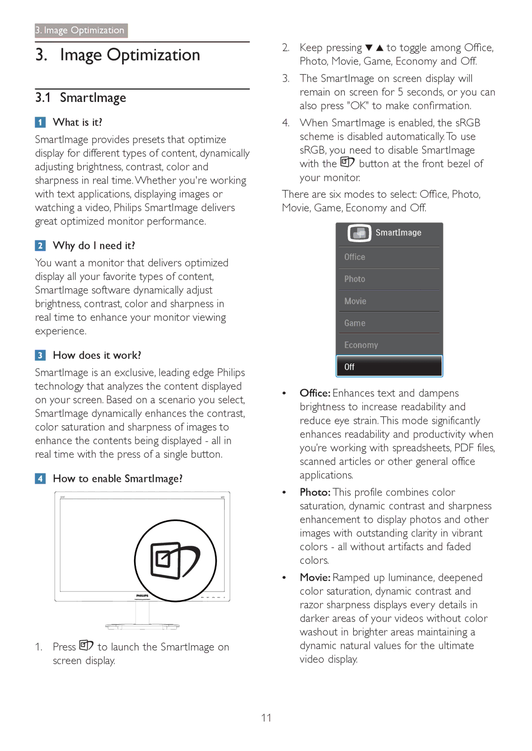 Philips 241S4 user manual Image Optimization, SmartImage 