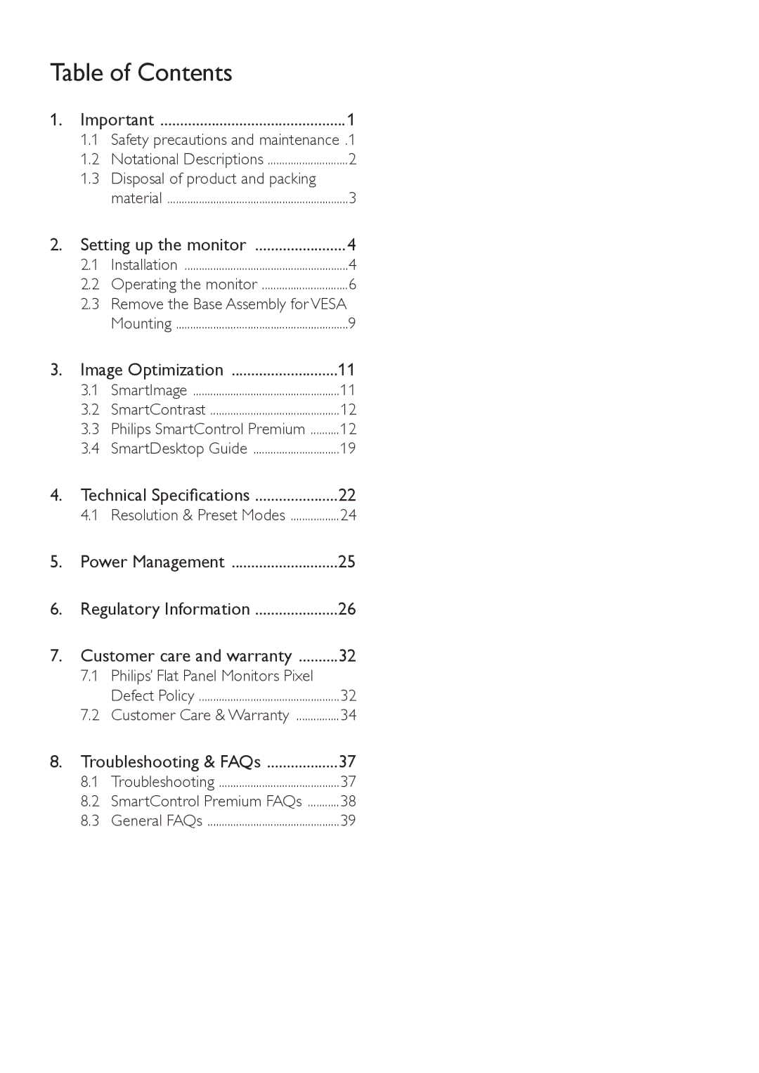 Philips 241S4 user manual Table of Contents 