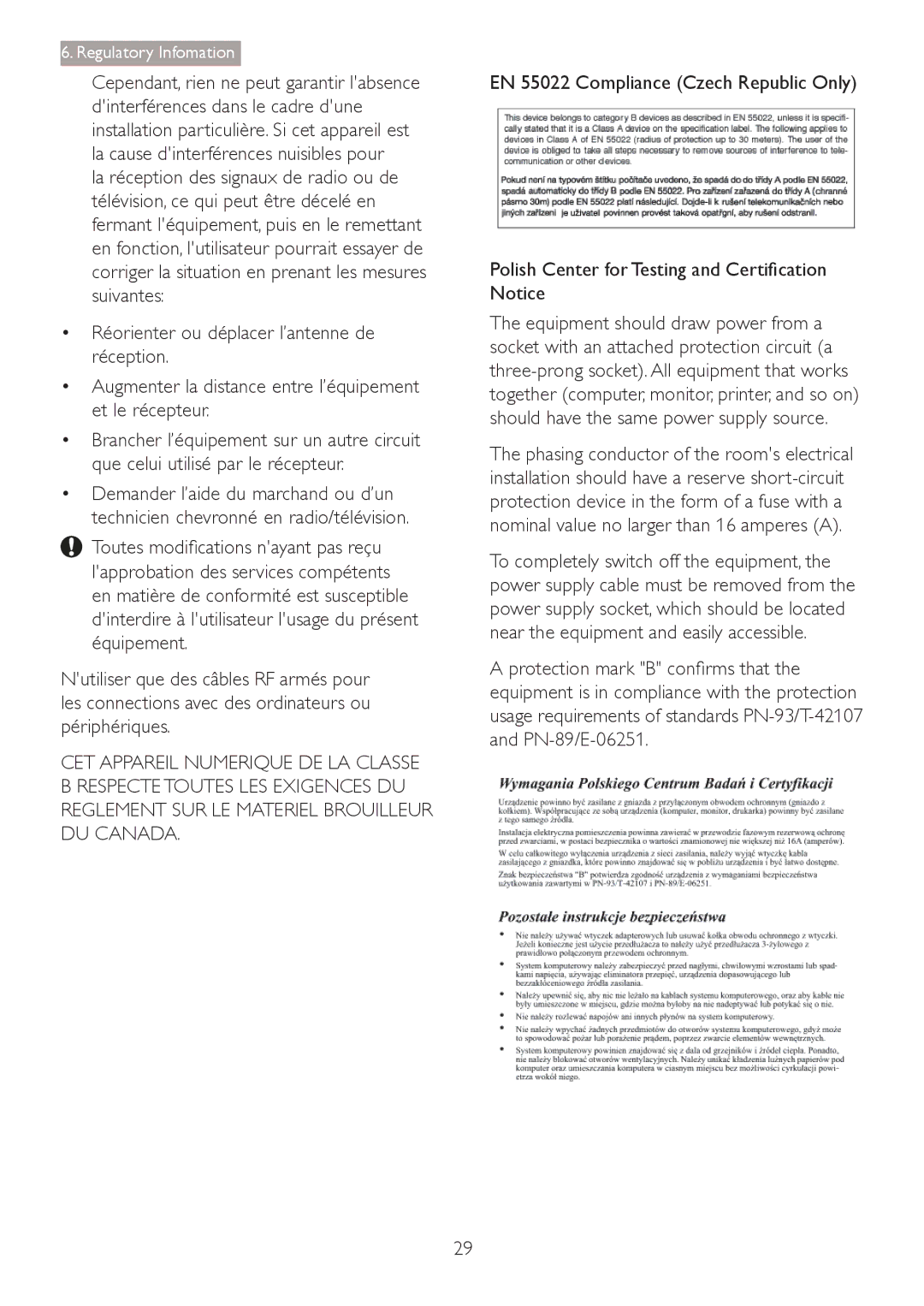 Philips 241S4 user manual EN 55022 Compliance Czech Republic Only, 3ROLVK&HQWHUIRU7HVWLQJDQG&HUWLÀFDWLRQ 