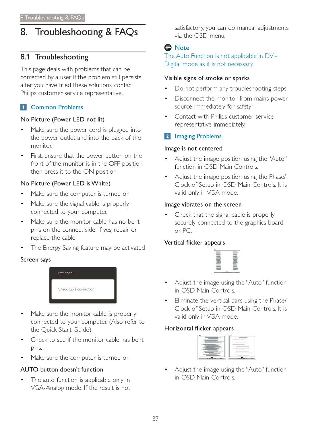 Philips 241S4 user manual Troubleshooting, 9HUWLFDOÁLFNHUDSSHDUV, +RulrqwdoÁlfnhuDsshduv 