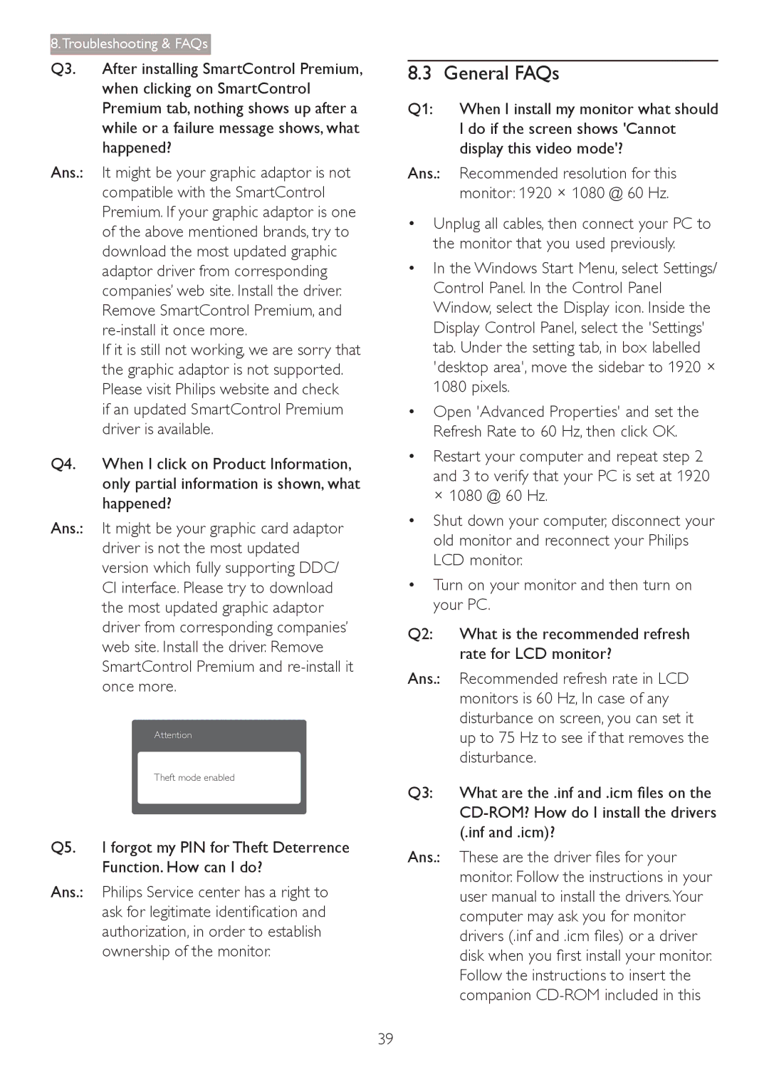 Philips 241S4 General FAQs, Do if the screen shows Cannot, Display this video mode?, Recommended resolution for this 