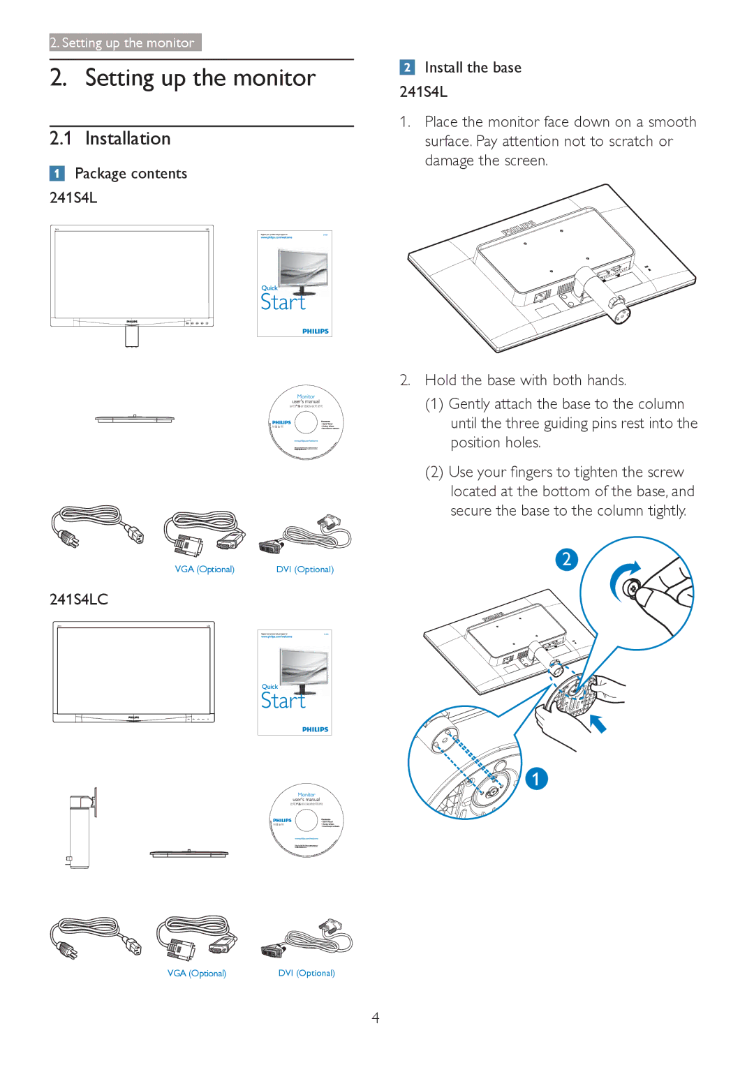 Philips user manual Setting up the monitor, Installation, Package contents 241S4L, 241S4LC 