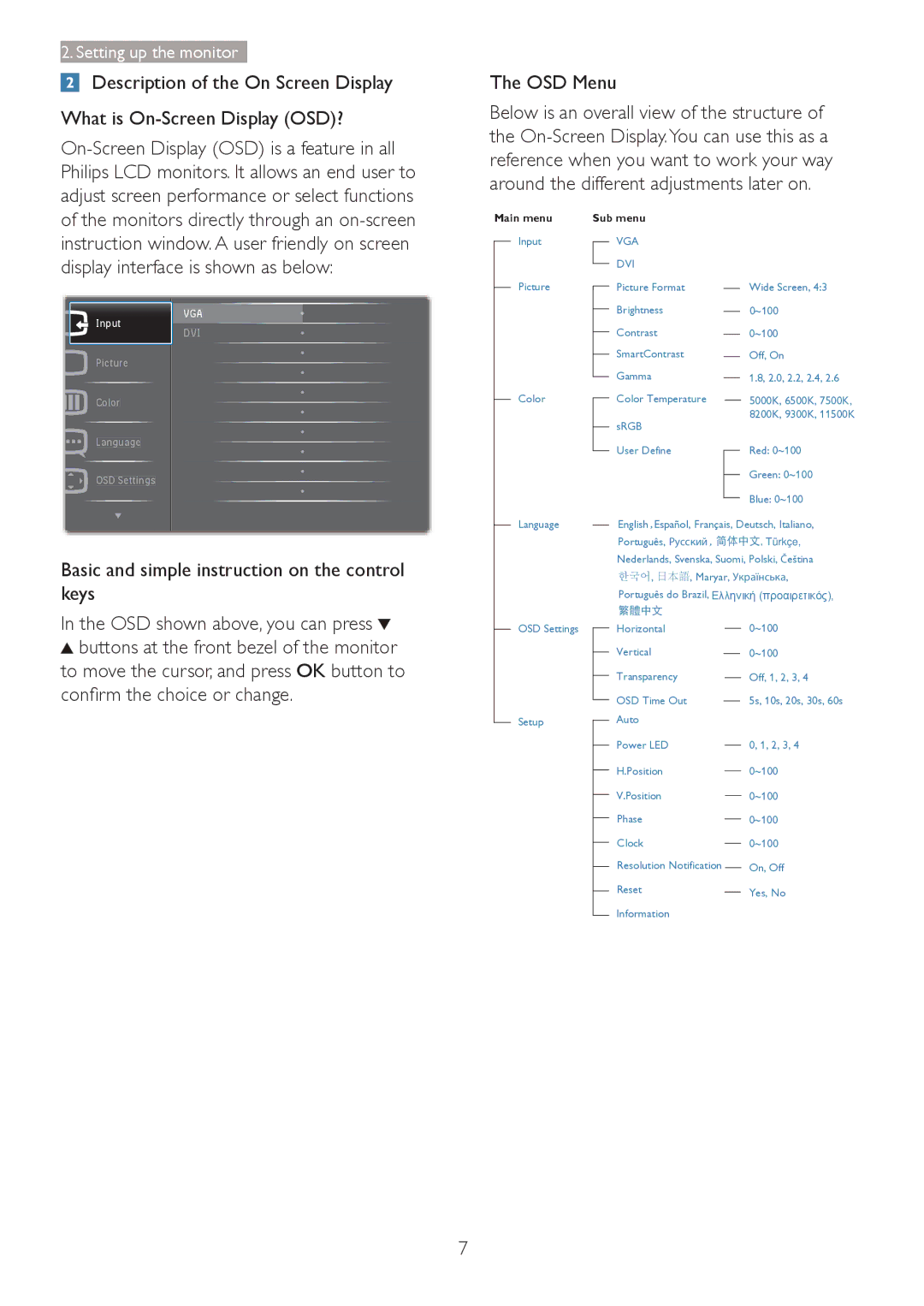 Philips 241S4 user manual OSD Menu, Basic and simple instruction on the control keys, FrqàupWkhFkrlfhRuFkdqjh 