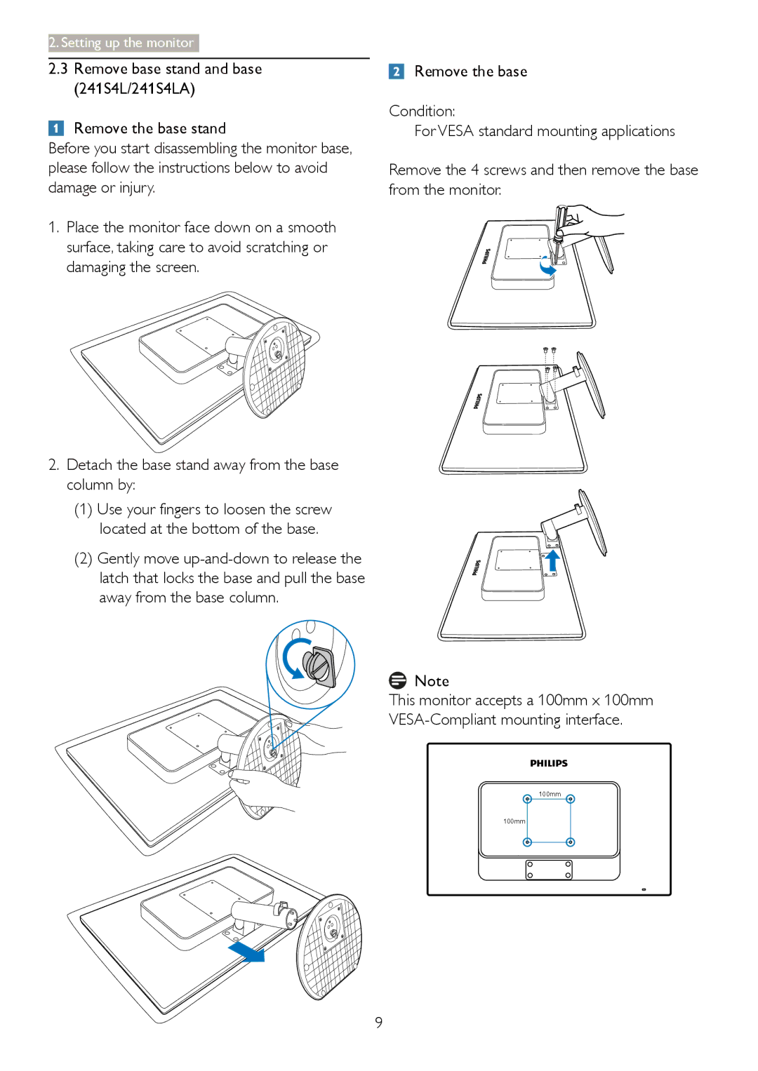 Philips 241S4L user manual Detach the base stand away from the base column by 