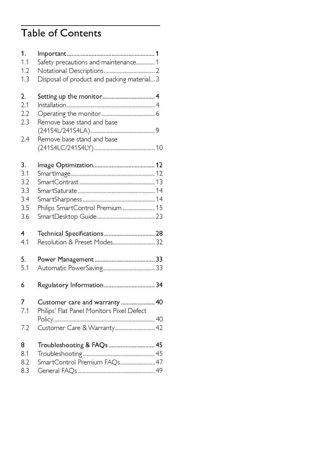 Philips 241S4L user manual Table of Contents 