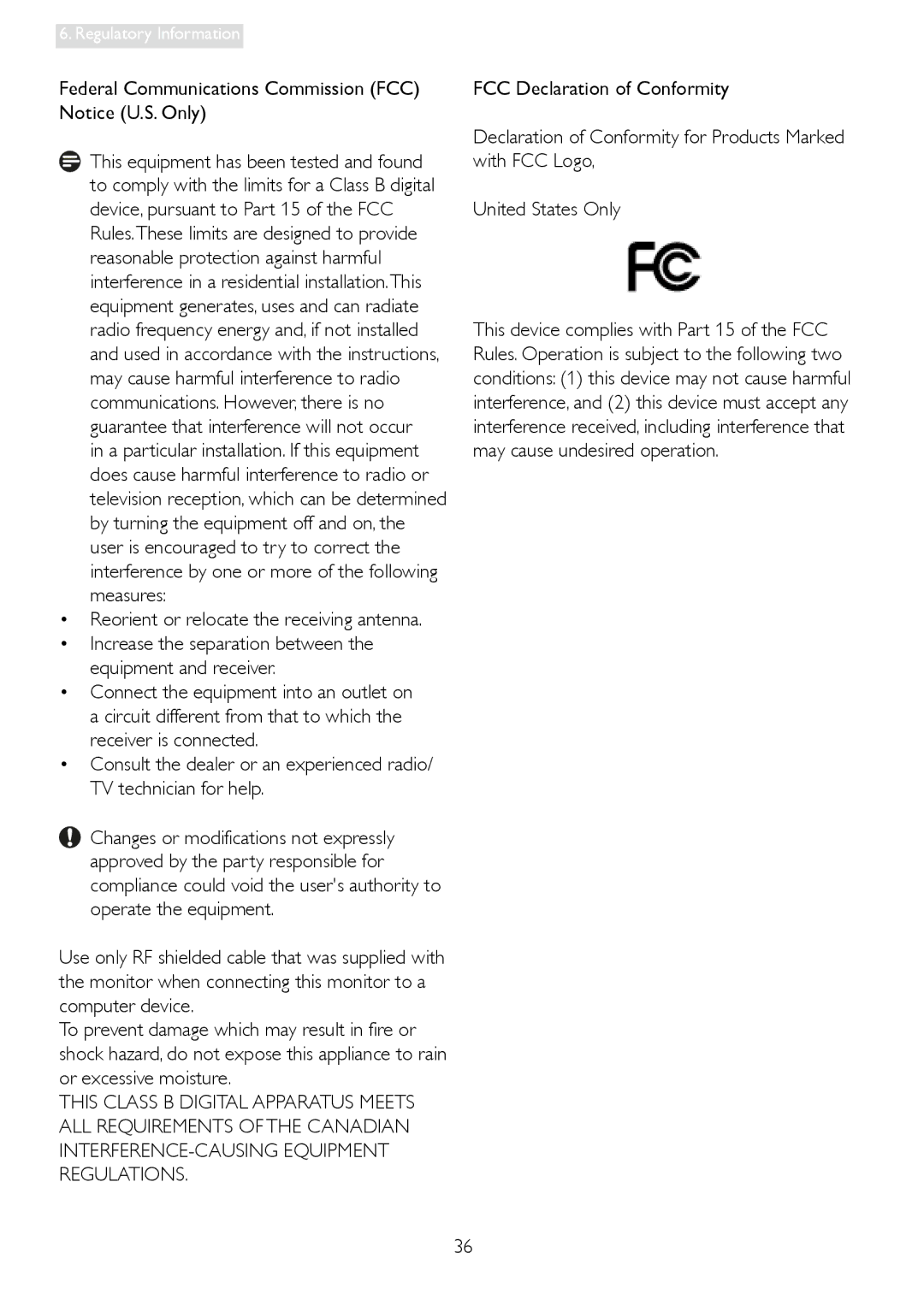 Philips 241S4L Federal Communications Commission FCC Notice U.S. Only, Reorient or relocate the receiving antenna 