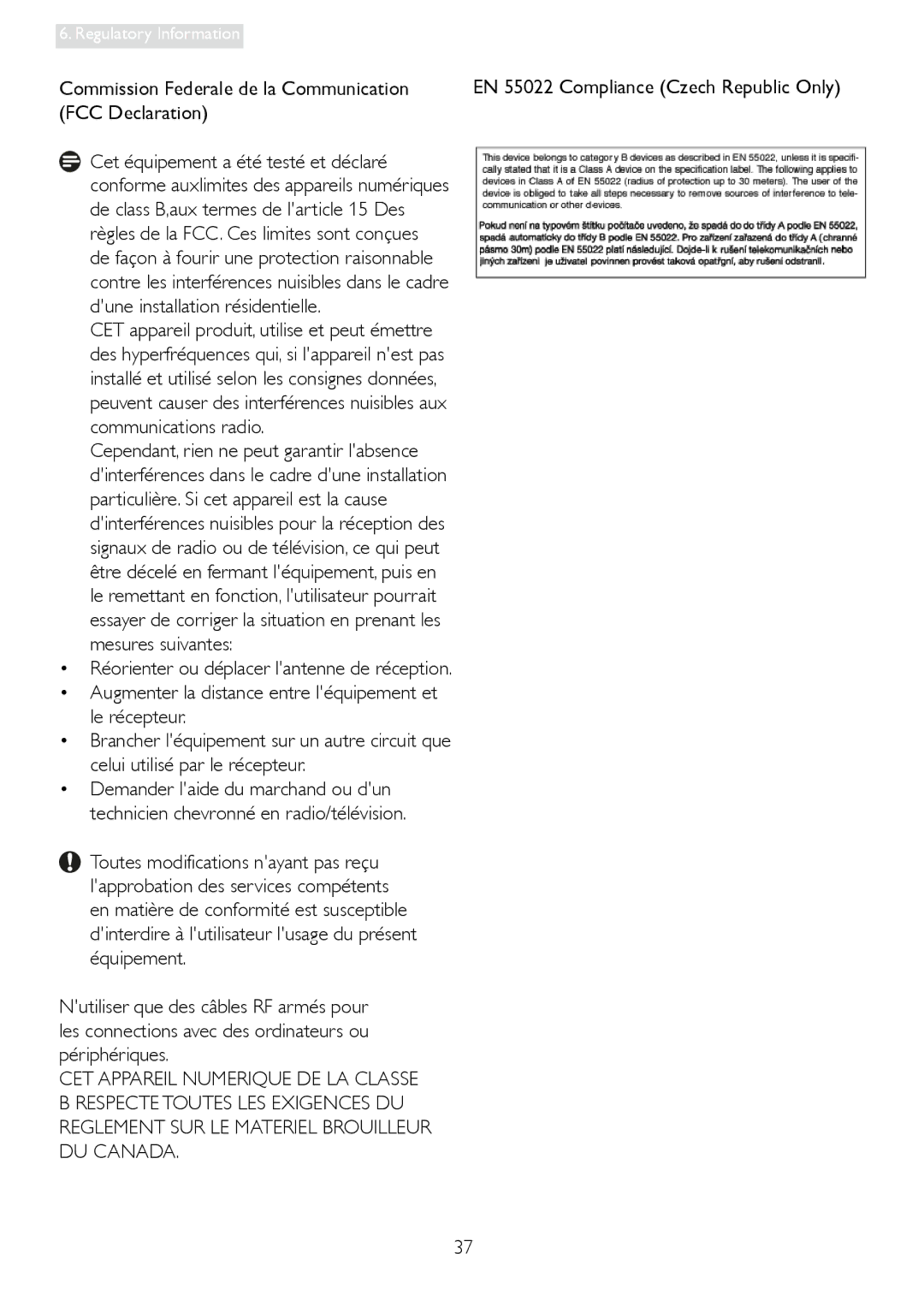 Philips 241S4L user manual Commission Federale de la Communication, FCC Declaration 