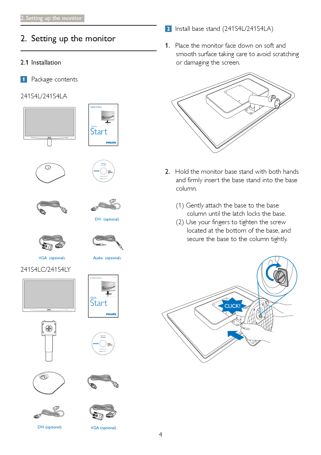 Philips user manual Setting up the monitor, 241S4L/241S4LA 