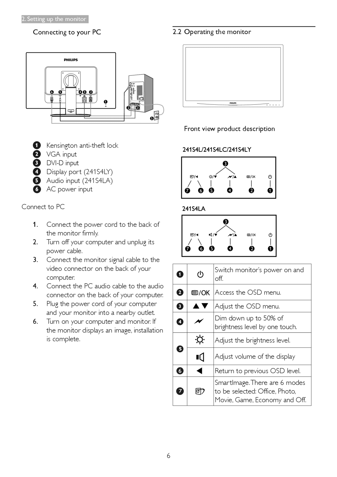 Philips 241S4L user manual Dim down up to 50% of brightness level by one touch 