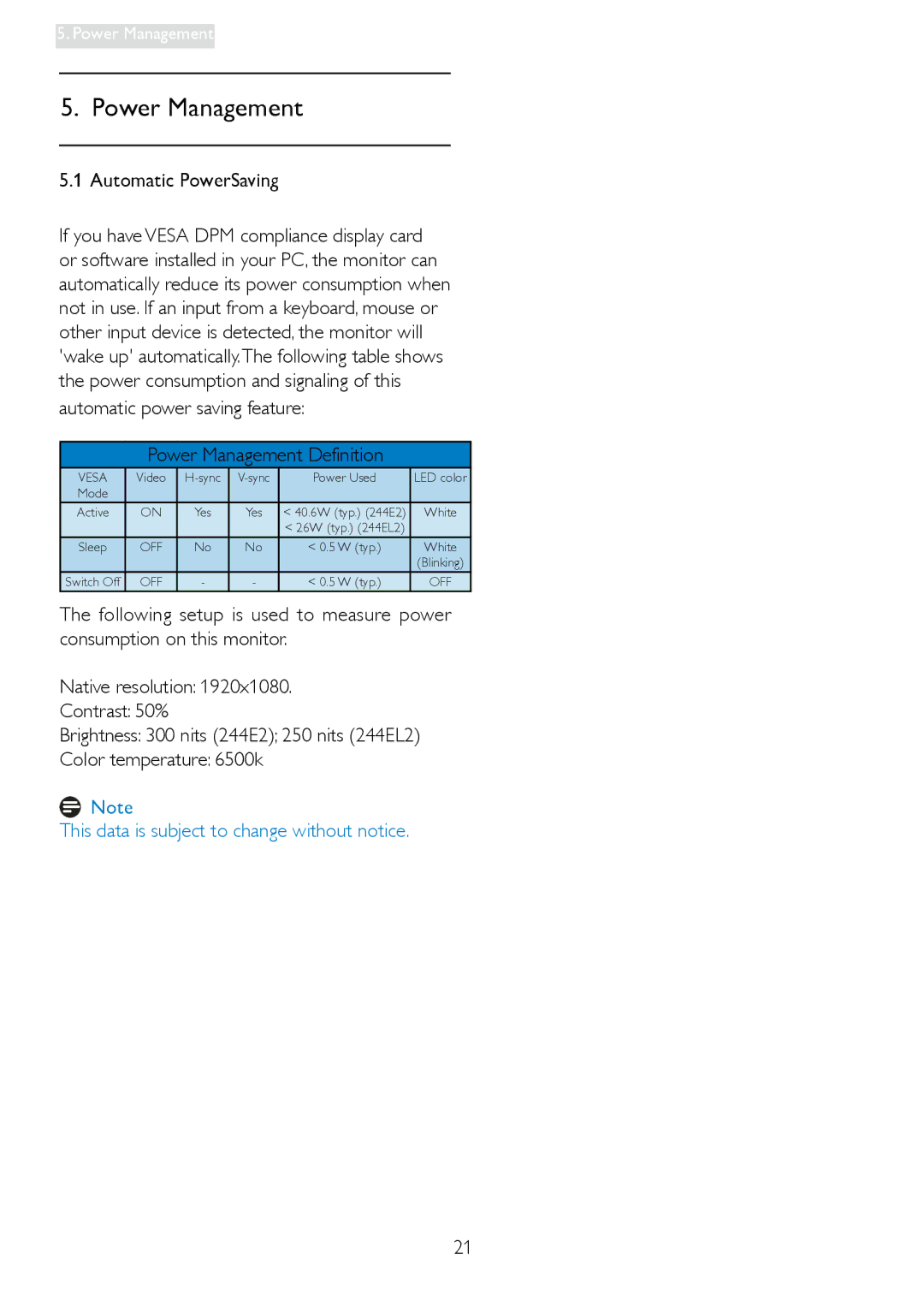 Philips 2.44E+04, 24400, 244EL2 user manual Power Management, Automatic PowerSaving, Automatic power saving feature 