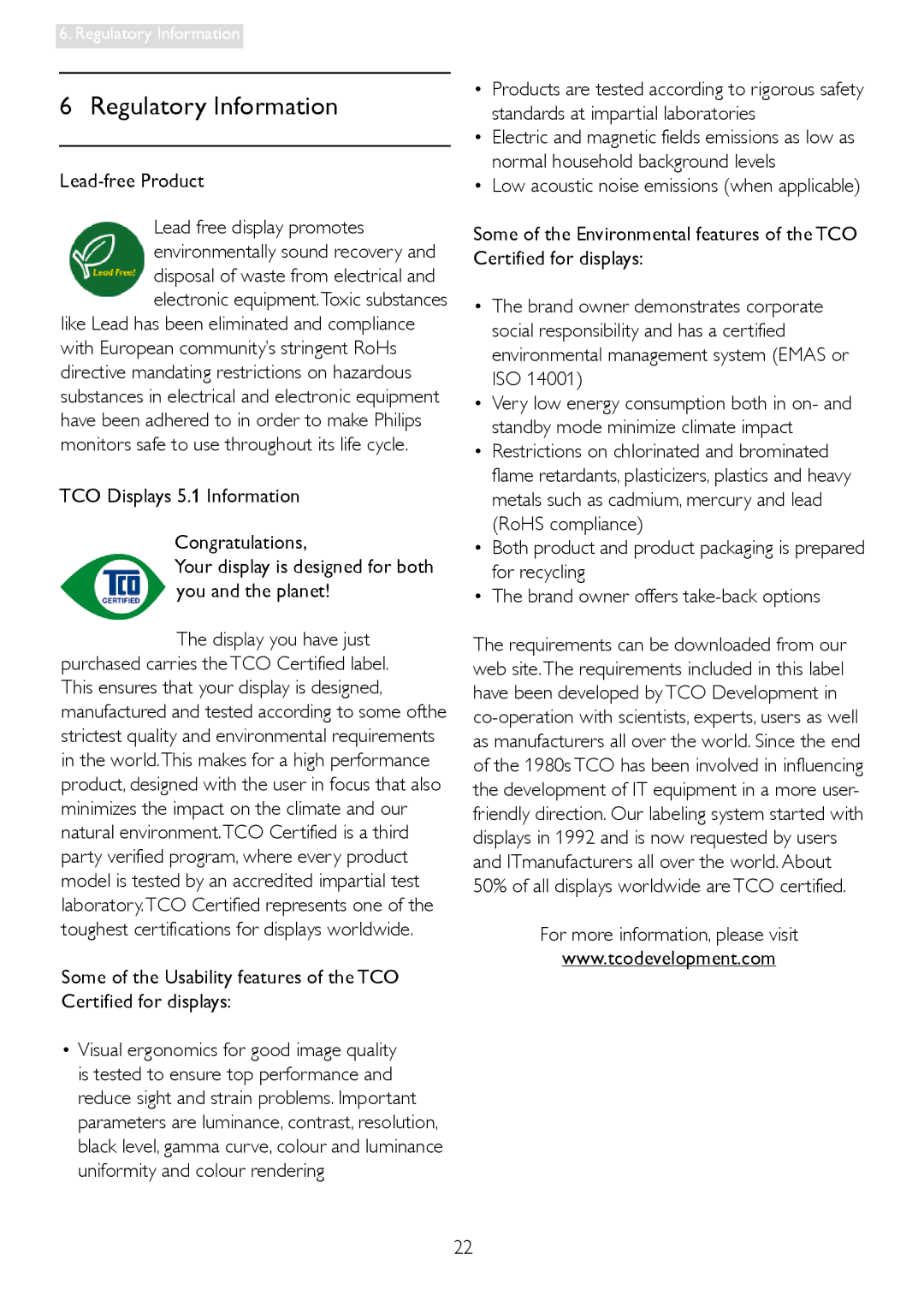 Philips 24400, 244EL2, 2.44E+04 user manual Regulatory Information, Lead-free Product, For more information, please visit 