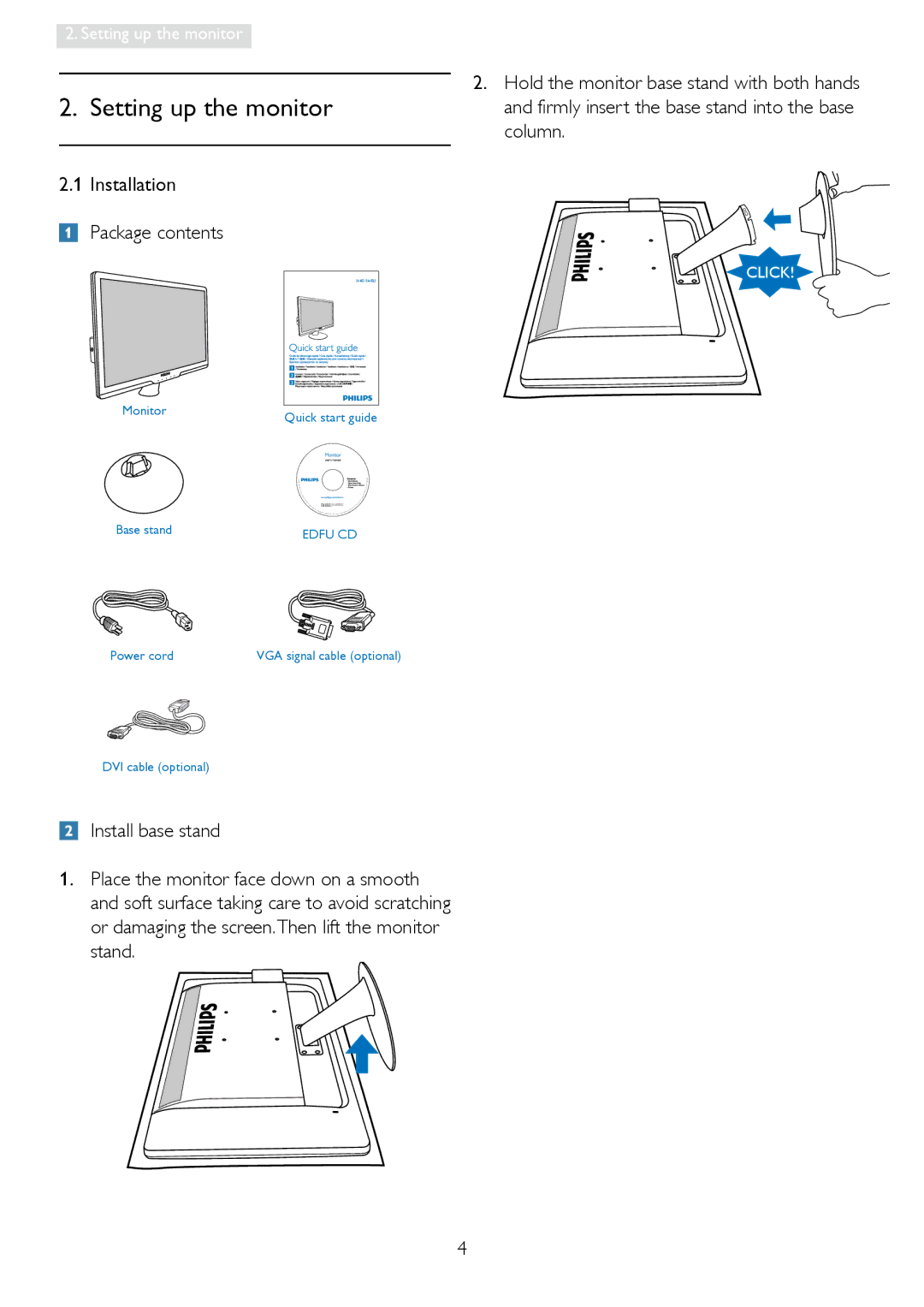 Philips 24400, 244EL2, 2.44E+04 user manual Setting up the monitor, Installation Package contents 