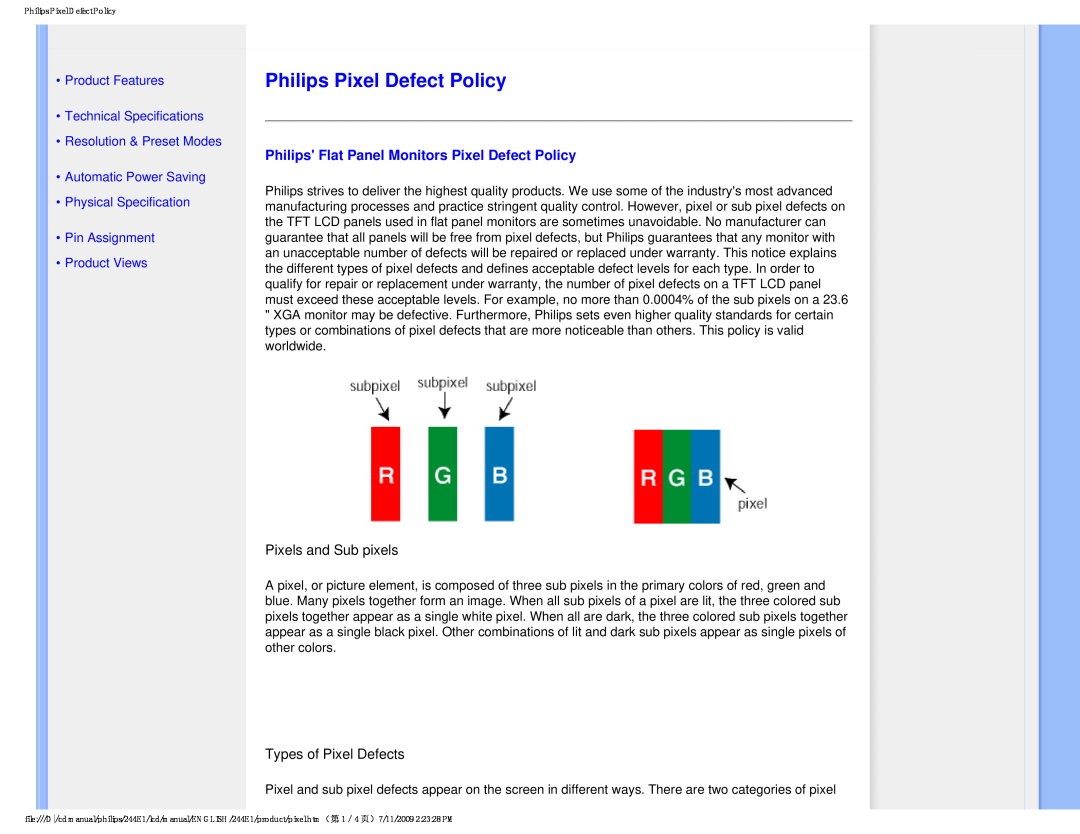 Philips 2.44E+03 user manual Philips Pixel Defect Policy, Philips Flat Panel Monitors Pixel Defect Policy, Product Views 