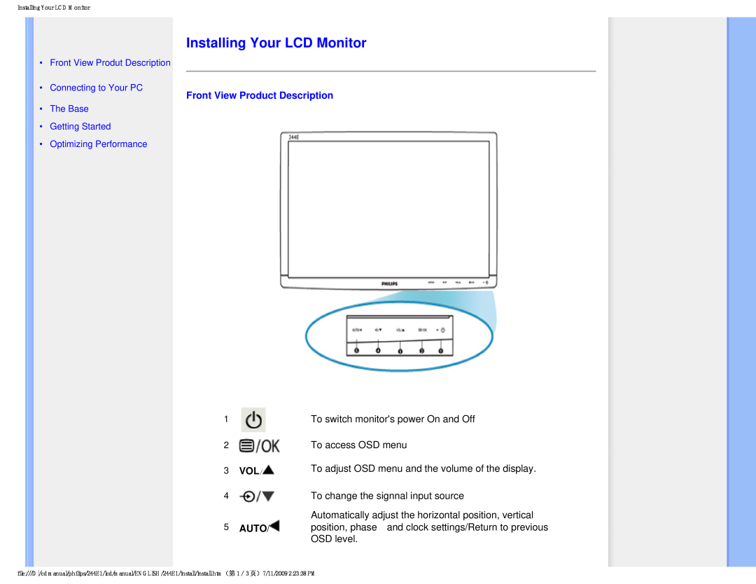 Philips 2.44E+03 user manual Installing Your LCD Monitor, Front View Product Description, 3 VOL, Auto 