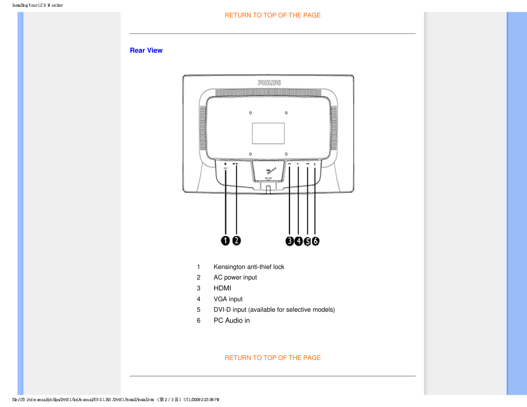 Philips 2.44E+03 user manual Rear View, Hdmi, PC Audio in, Return To Top Of The Page, Installing Your LCD Monitor 