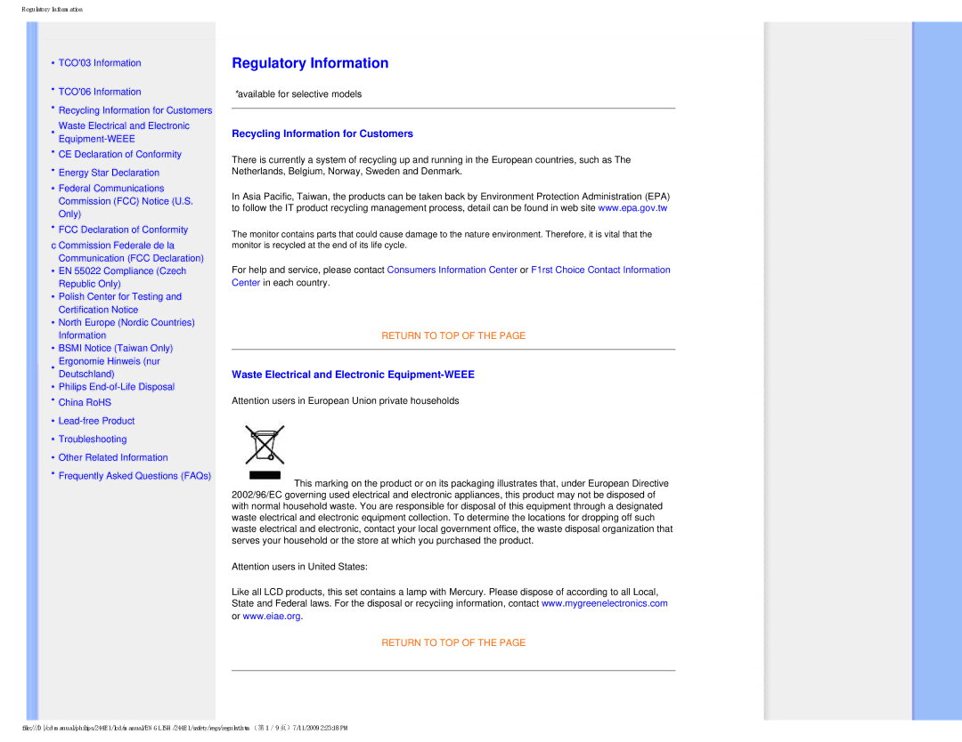 Philips 2.44E+03 user manual Recycling Information for Customers, Waste Electrical and Electronic Equipment-WEEE 