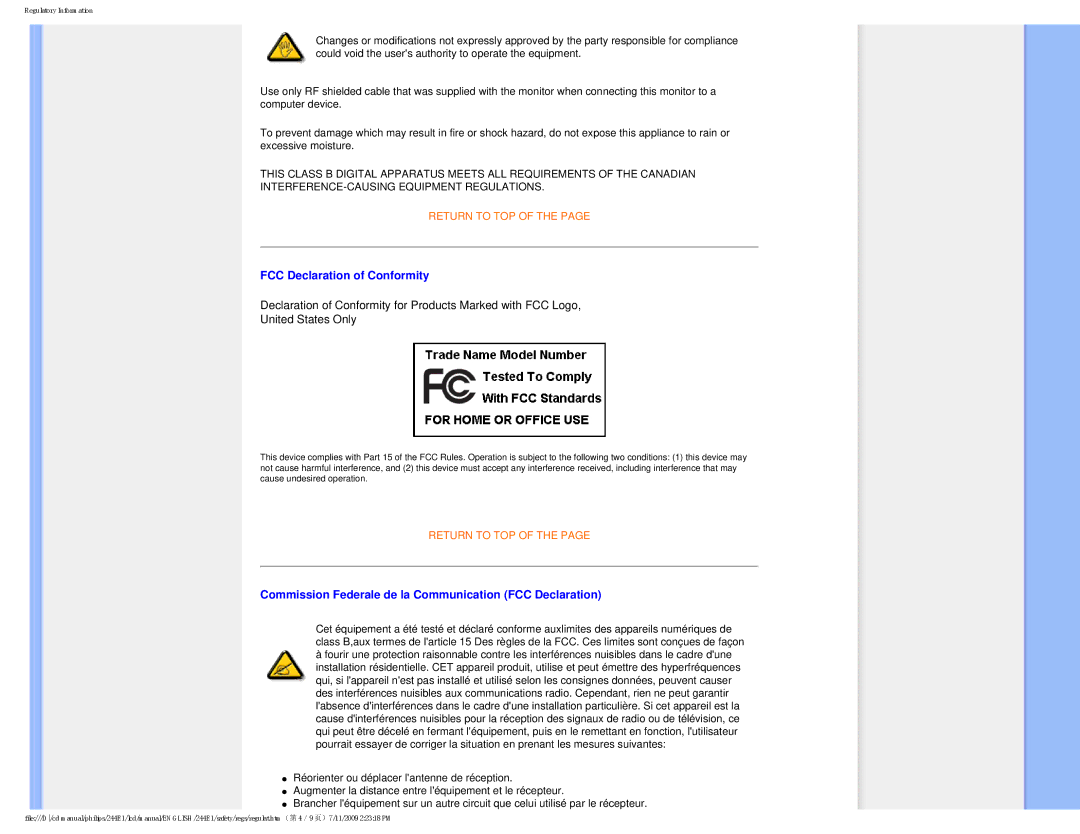 Philips 2.44E+03 user manual FCC Declaration of Conformity, Commission Federale de la Communication FCC Declaration 