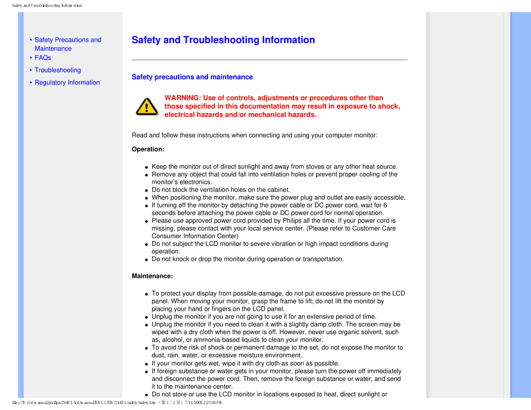 Philips 2.44E+03 user manual Safety and Troubleshooting Information, Safety precautions and maintenance 