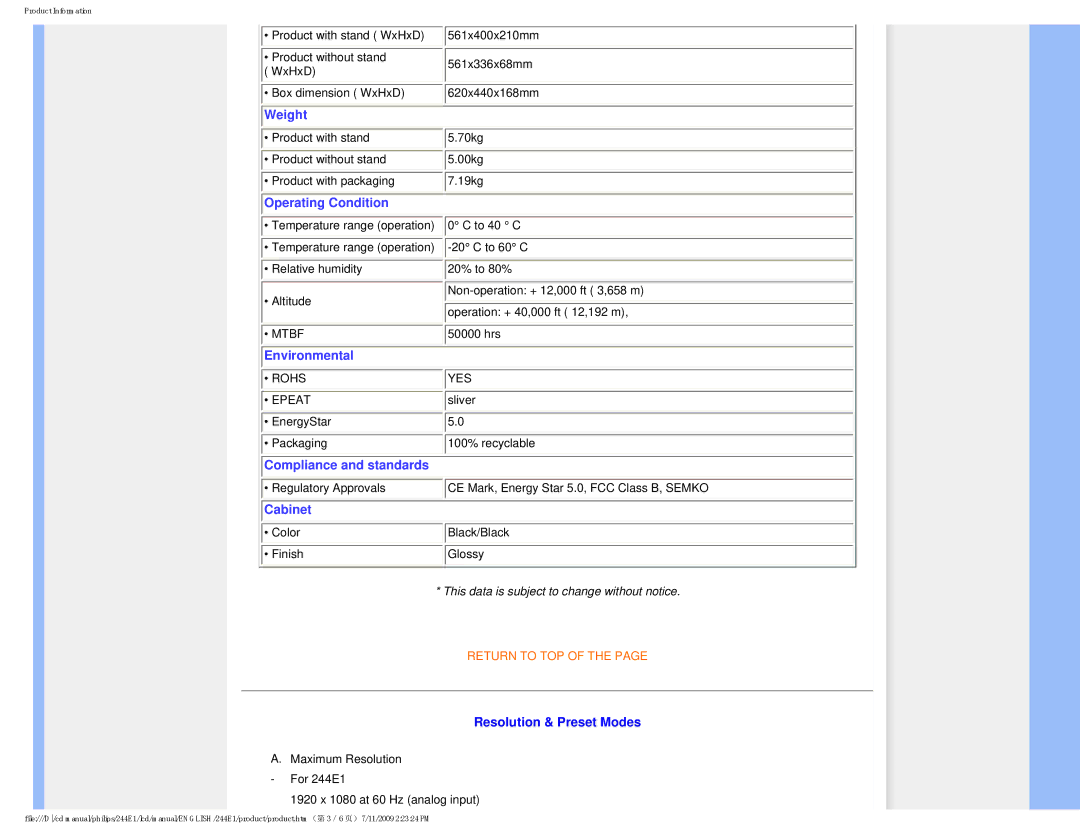 Philips 2.44E+03 user manual Cabinet, Resolution & Preset Modes 