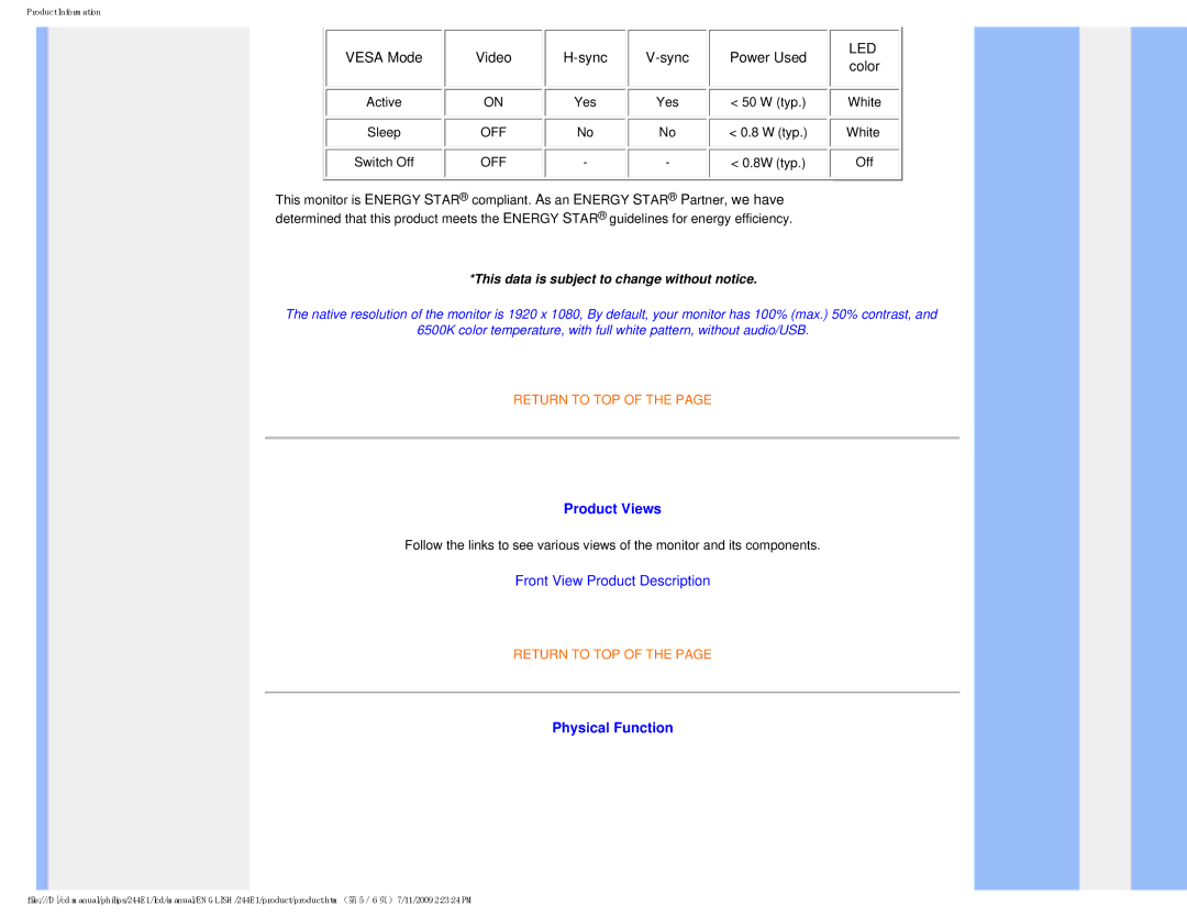 Philips 2.44E+03 user manual Product Views, Physical Function 