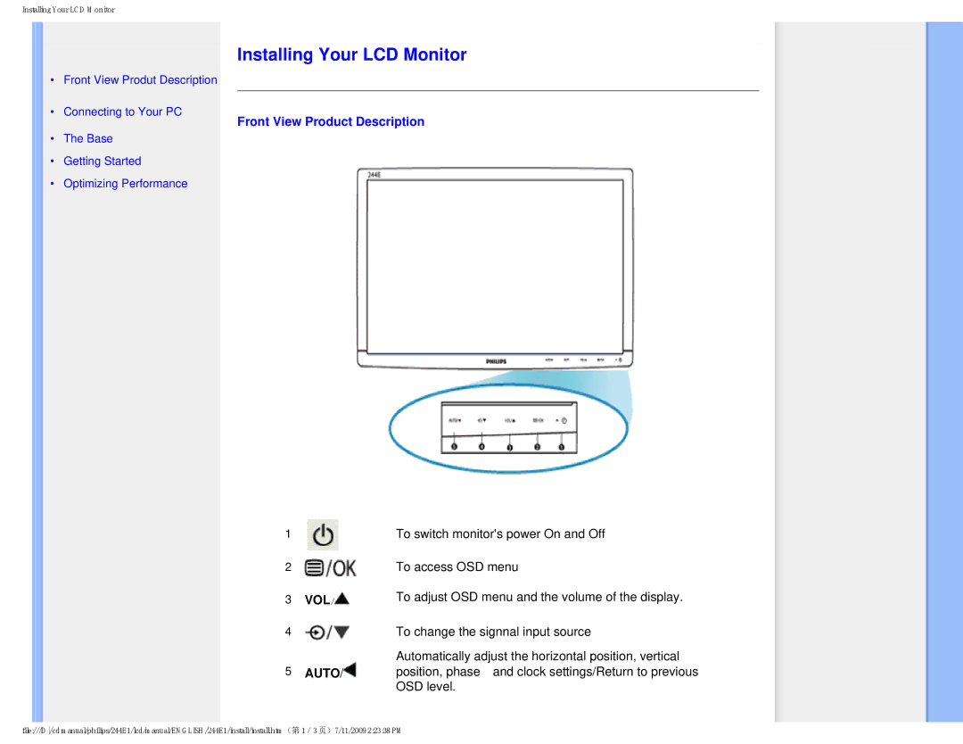 Philips 2.44E+03 user manual Installing Your LCD Monitor, Front View Product Description 