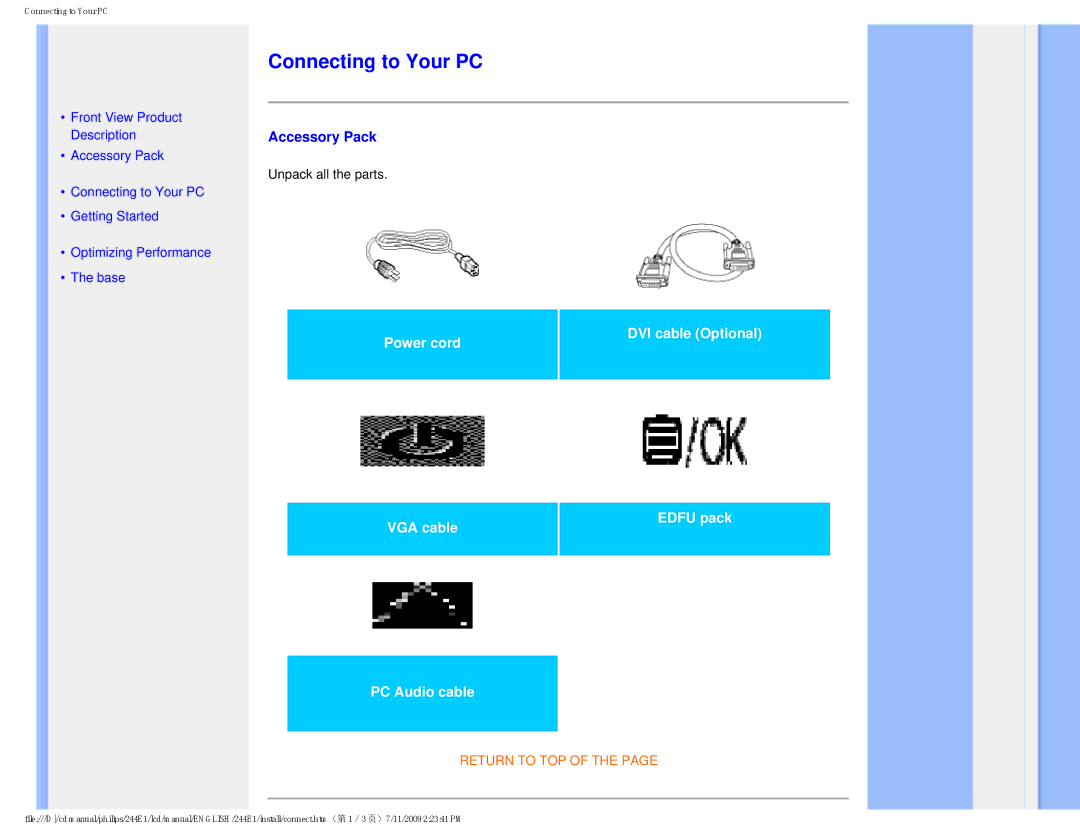 Philips 2.44E+03 user manual Connecting to Your PC, Accessory Pack 