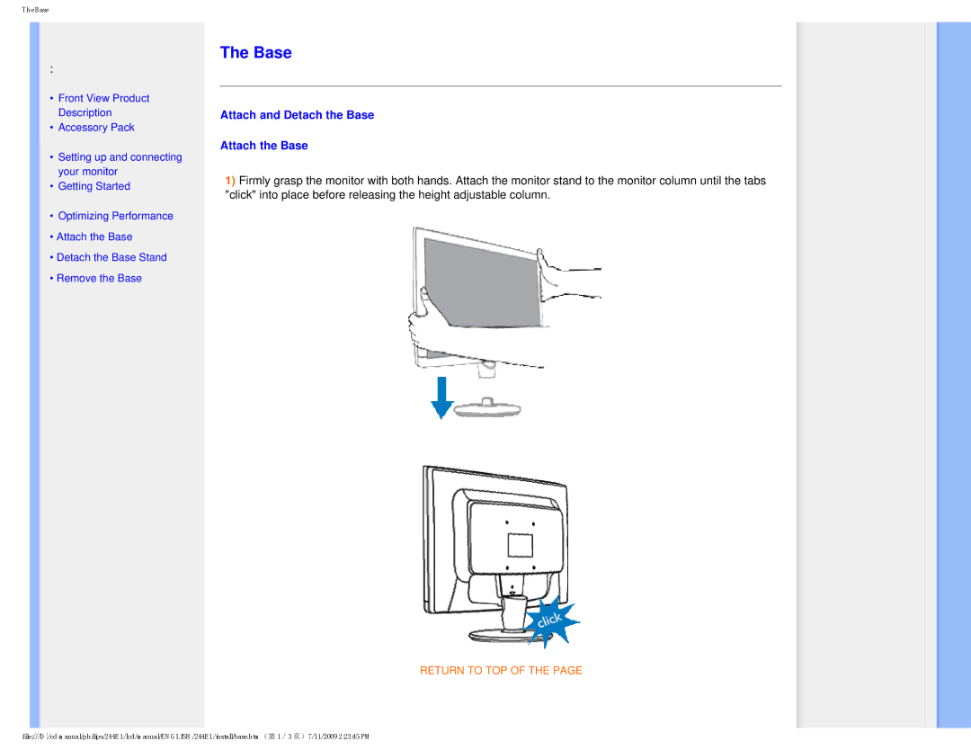 Philips 2.44E+03 user manual Attach and Detach the Base Attach the Base 