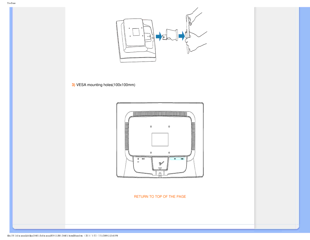 Philips 2.44E+03 user manual Vesa mounting holes100x100mm 