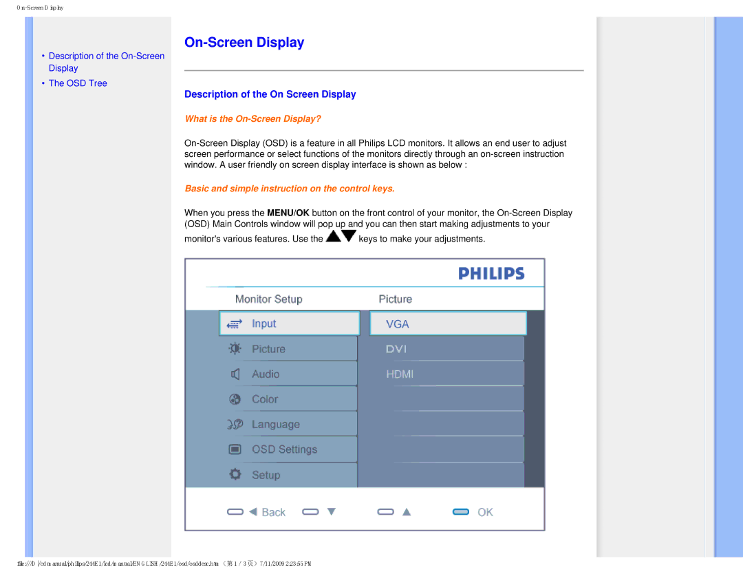 Philips 2.44E+03 user manual On-Screen Display, Description of the On Screen Display 