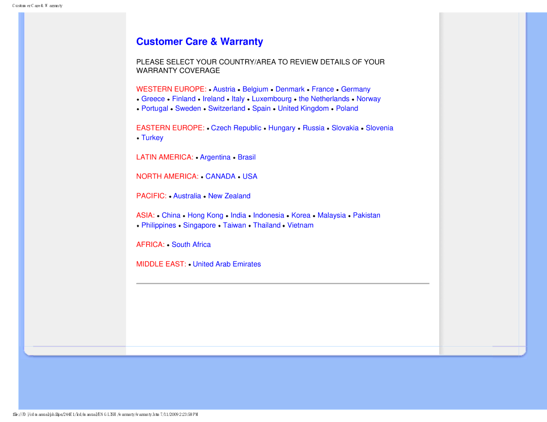 Philips 2.44E+03 user manual Customer Care & Warranty, North America Canada USA 