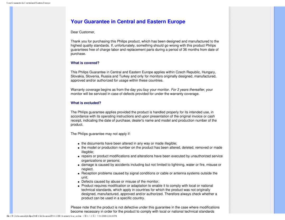 Philips 2.44E+03 user manual Your Guarantee in Central and Eastern Europe 