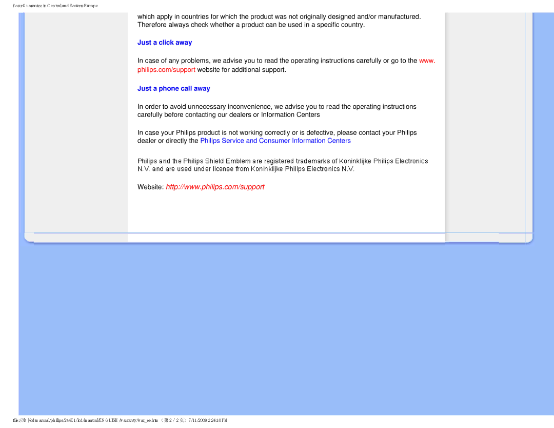 Philips 2.44E+03 user manual Just a click away Just a phone call away 